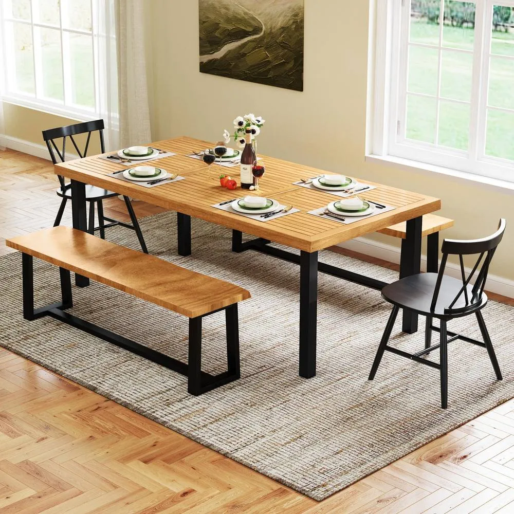 Costway Patio Dining Table for 8 Large Rectangle Table with Wood Tabletop in Natural 6