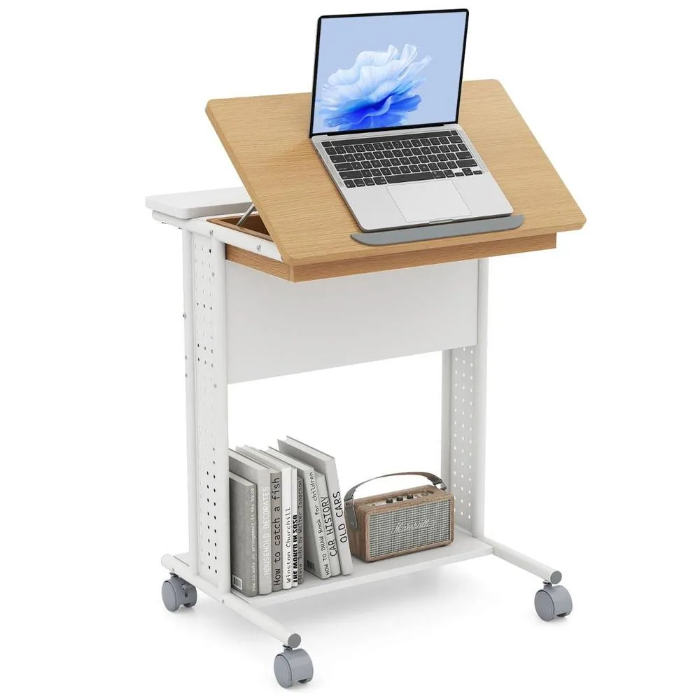 Costway Rolling Portable Desk Laptop Desk Wooden PC Table w/ Tilting Tabletop 3