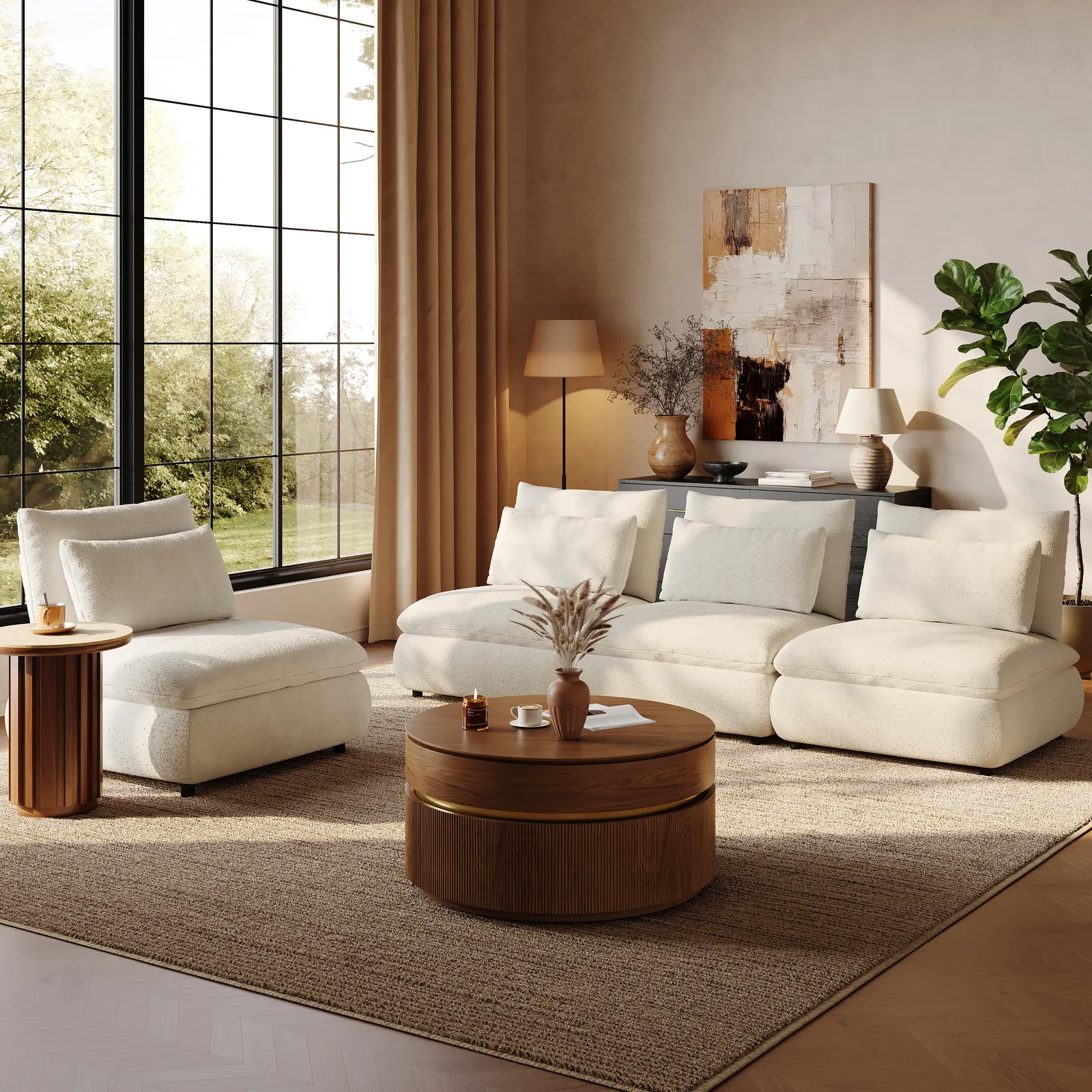 4-Piece Oatmeal Chenille Modular Sectional Sofa with Hidden Storage & Removable Backrest