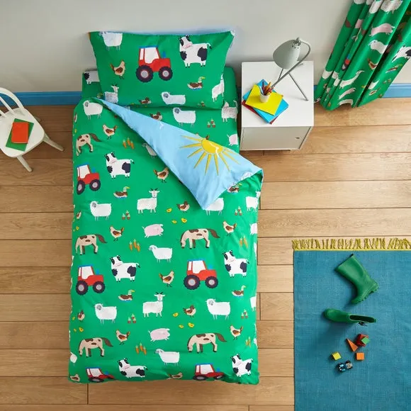 Catherine Lansfield Farmyard Animals Blue Reversible Duvet Cover and Pillowcase Set 2