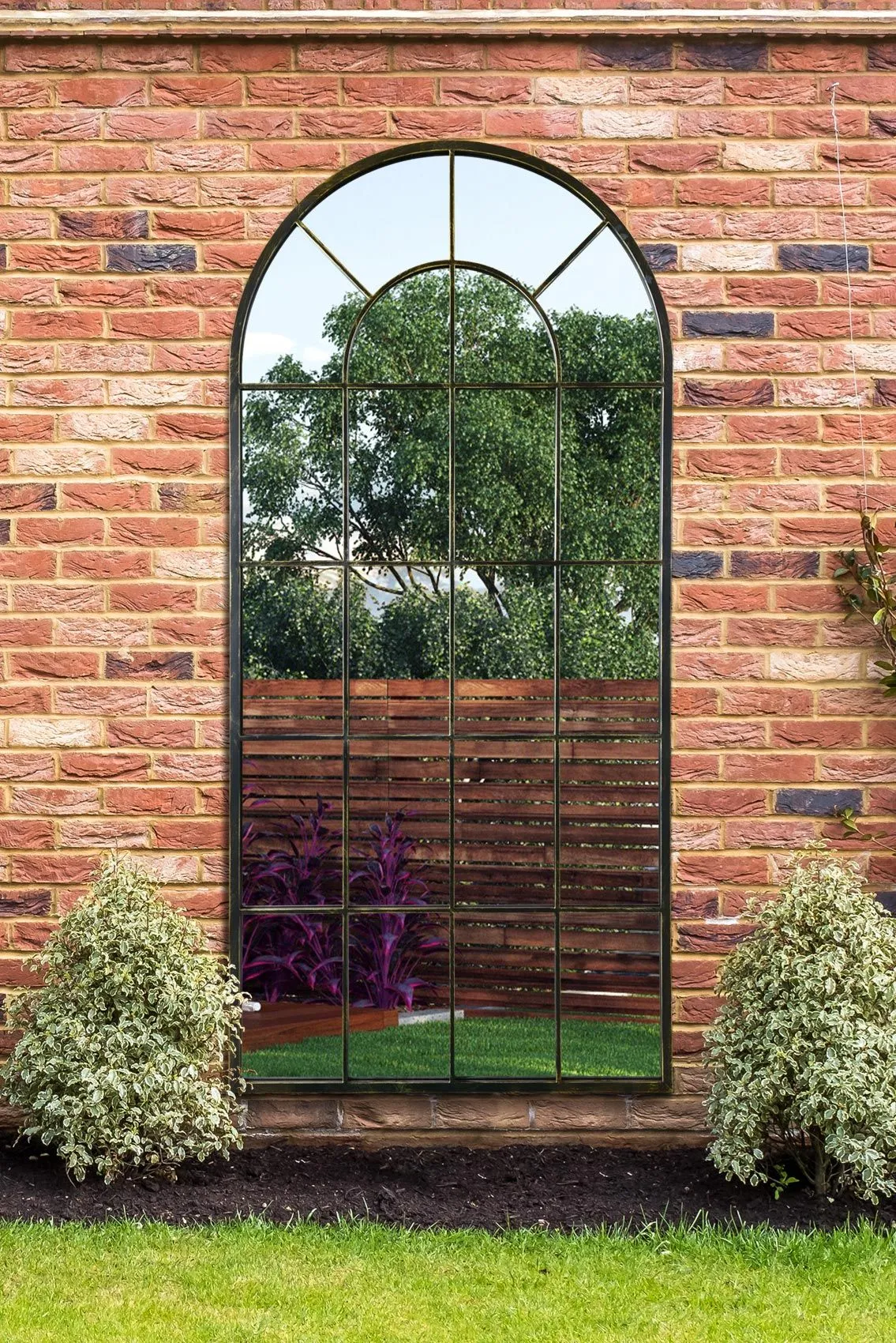 MirrorOutlet Antique Black Framed Arched Window Garden Mirror 71"x33.5" 180x85CM