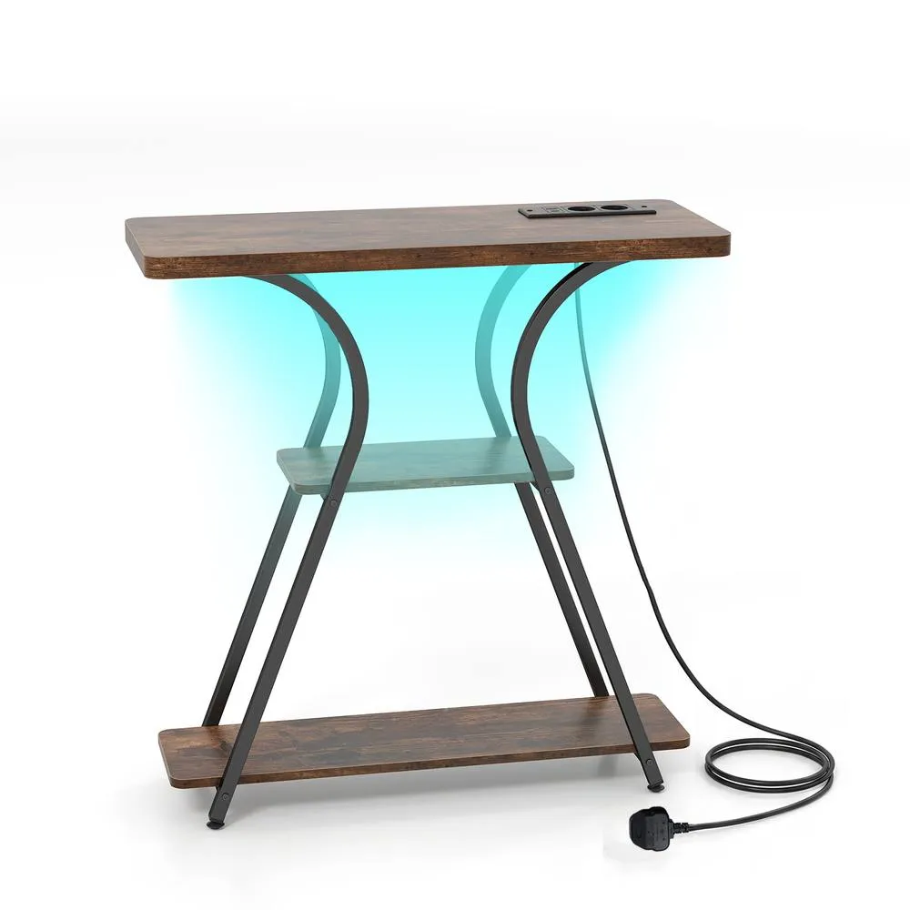 Costway Console Table w/ LED Lights & Power Outlets Table w/ Shelves in Brown