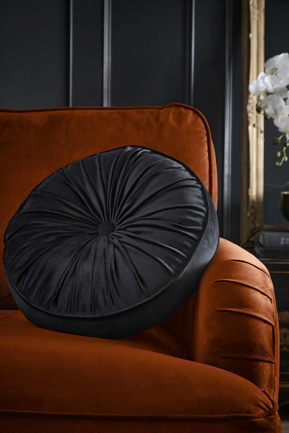 Laurence Llewelyn-Bowen 'Round Pleat' Round Velvet Cushion in Black 1