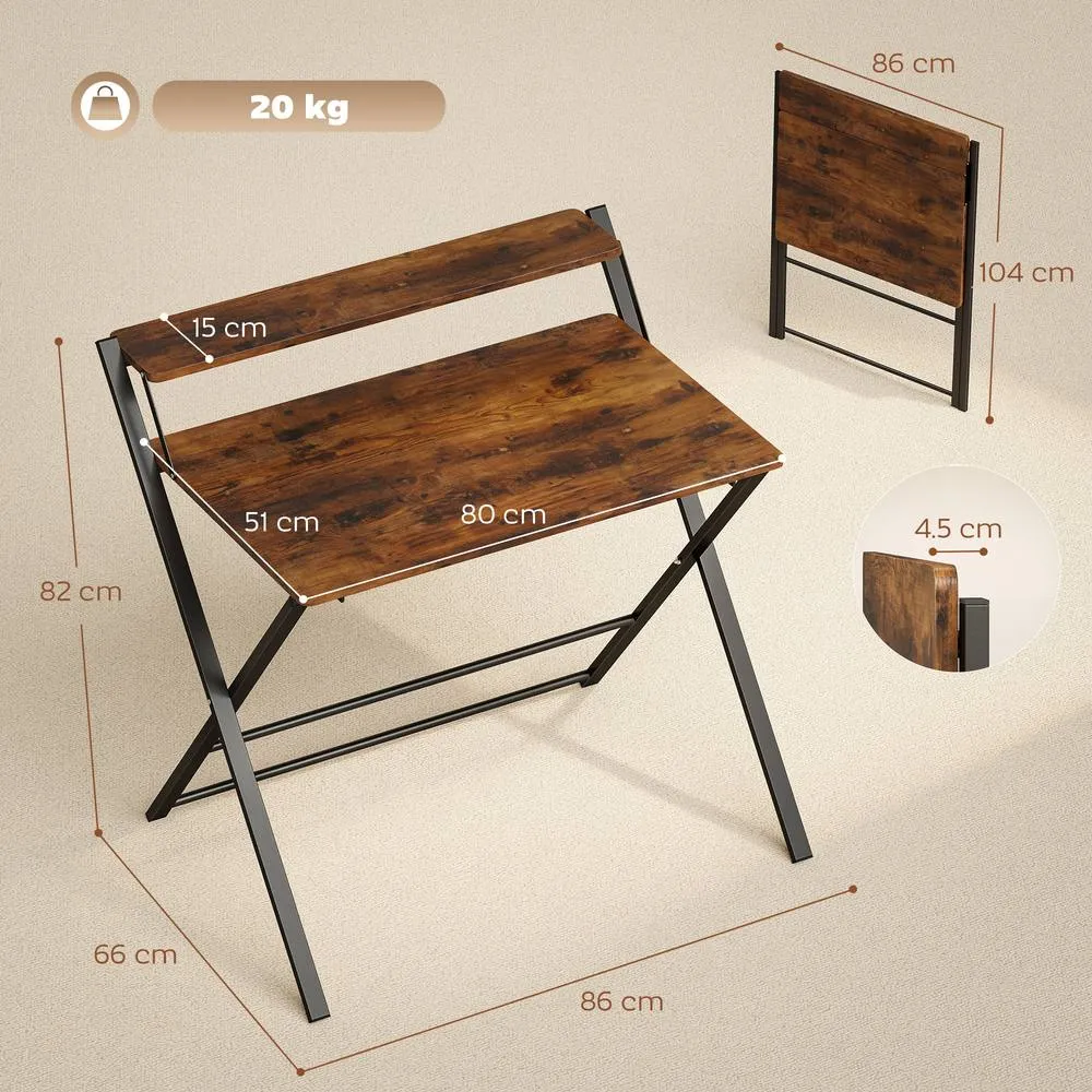 HOMCOM Folding Desk with 2-Tier Shelf for Home Office in Brown 3