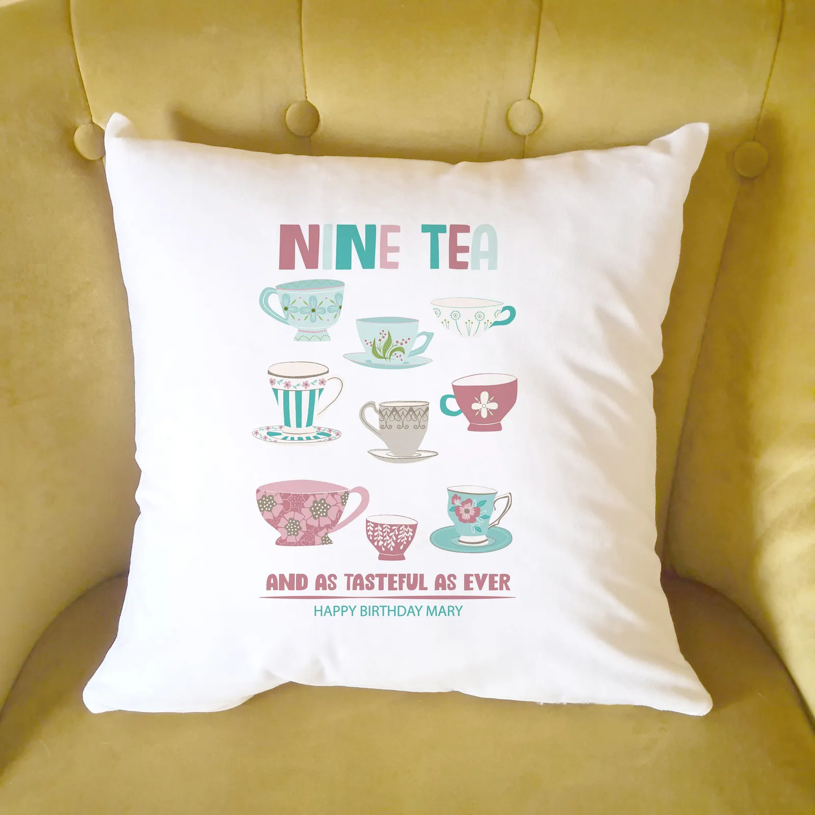 Afewhometruths Personalised 90th Birthday Gift Cushion for Tea Lover in White