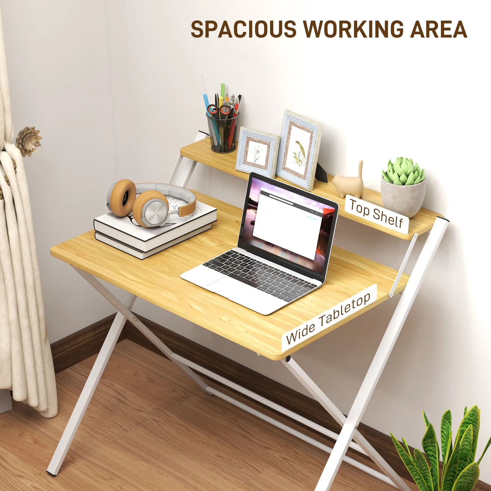 HOMCOM Folding Desk with 2-Tier Shelf for Home Office, Maple Wood-effect in Natural 6