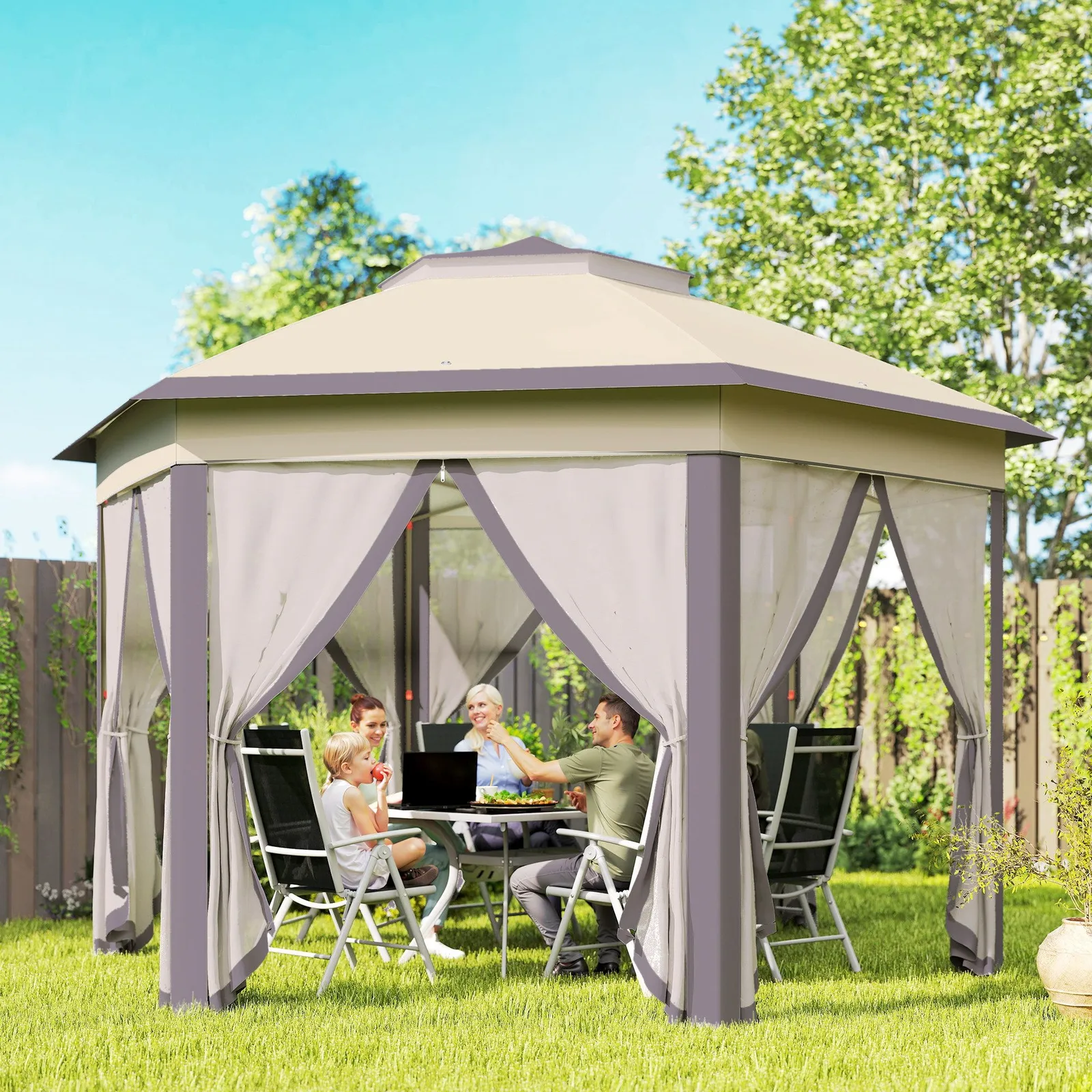 OUTSUNNY 3x4m Hexagon Gazebo w/ Metal Frame Mesh Curtains Outdoor Garden in Beige