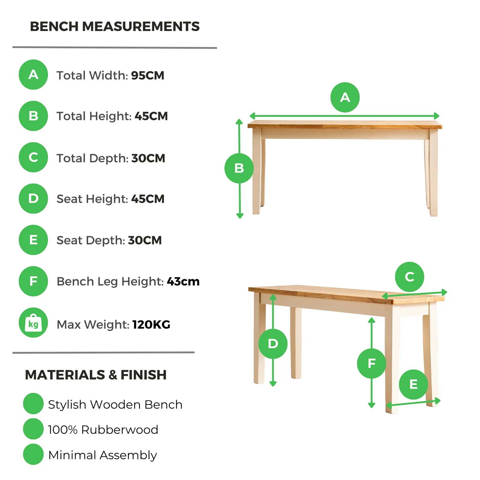 FurnitureboxUK Tenby Small Cream & Oak Coloured Wooden Dining Bench in Light Oak 6