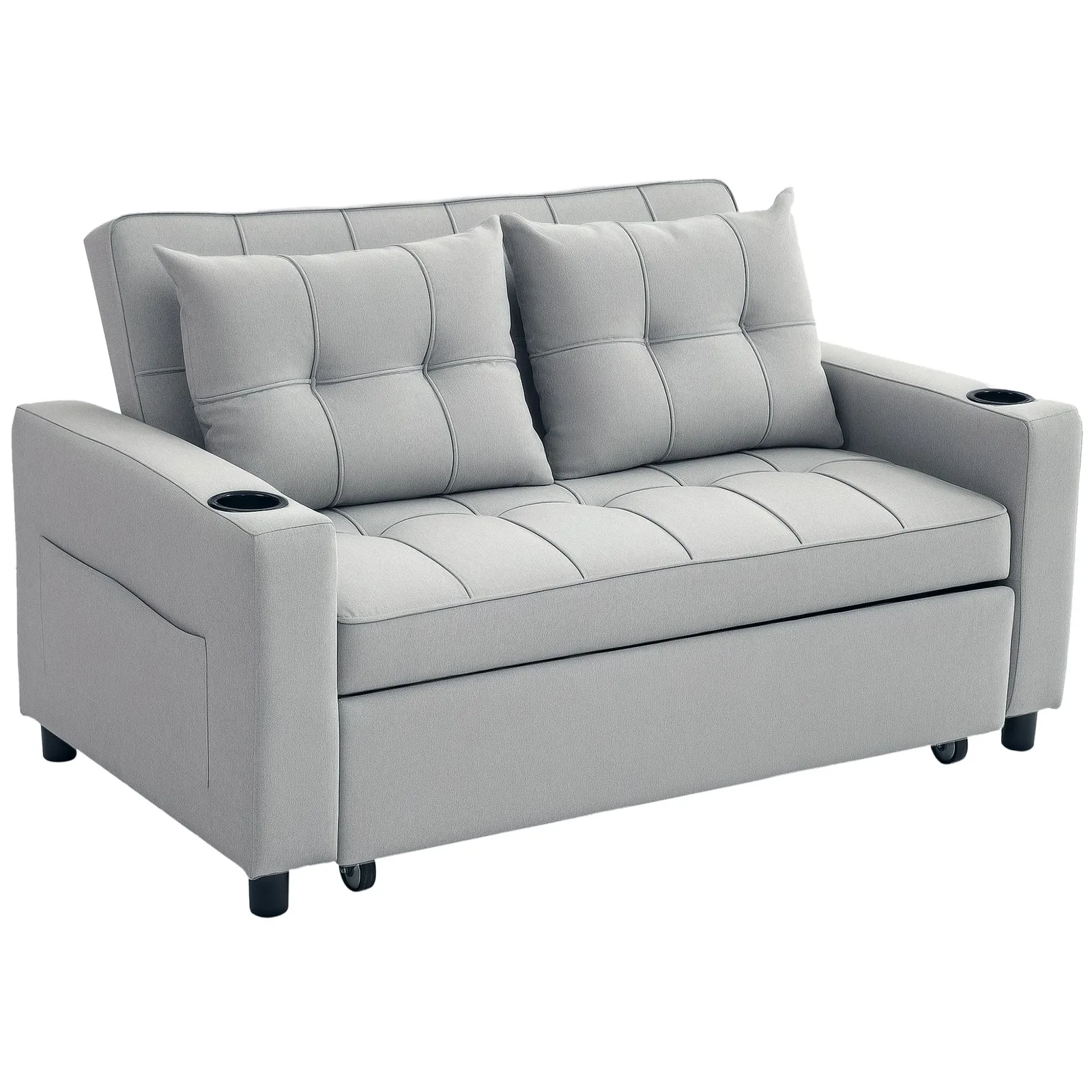 HOMCOM 2 Seater Pull Out Sofa Bed with Pockets for Living Room in Light Grey 2