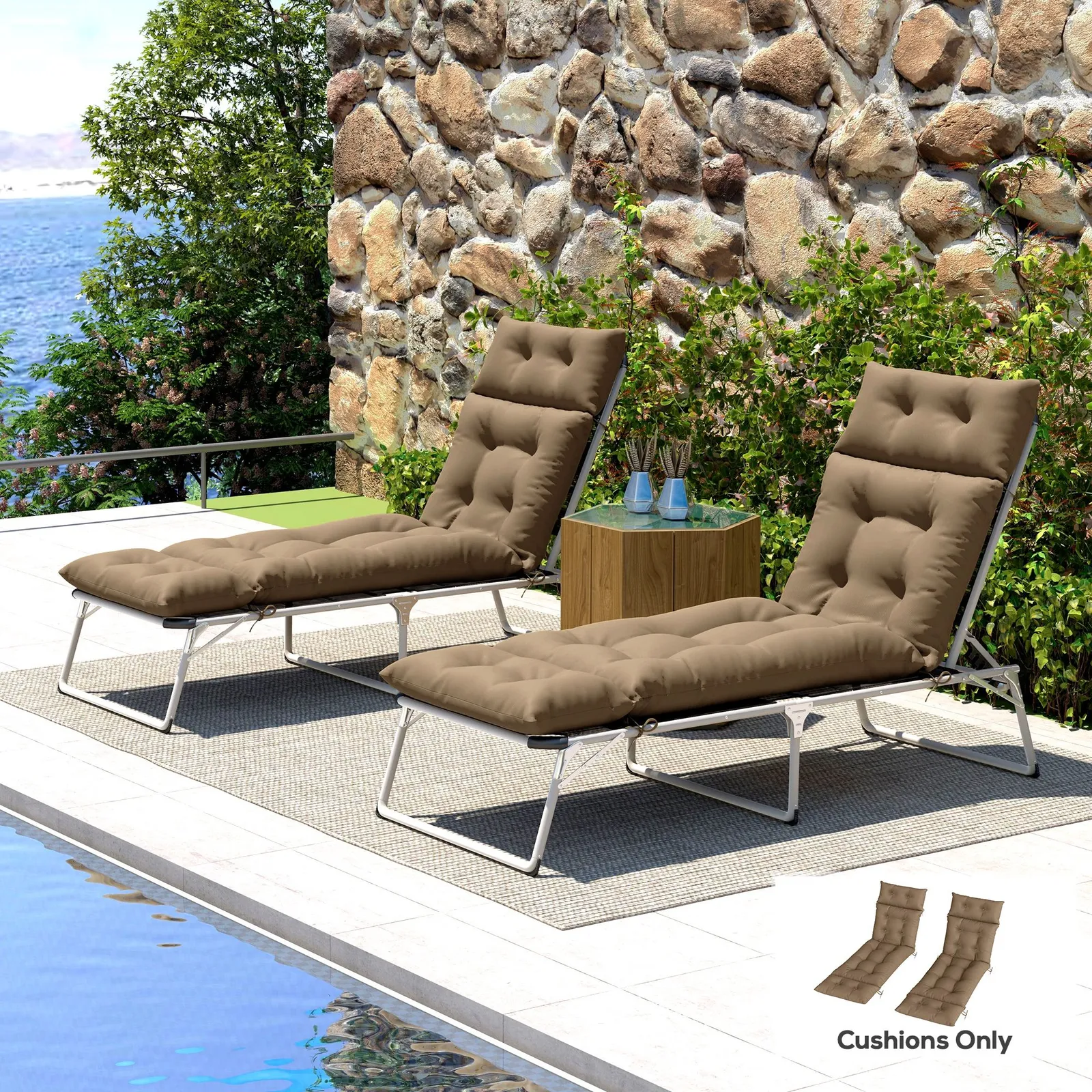 OUTSUNNY Garden Lounge Chair Cushions Set of 2, 220gsm Fabric, Khaki