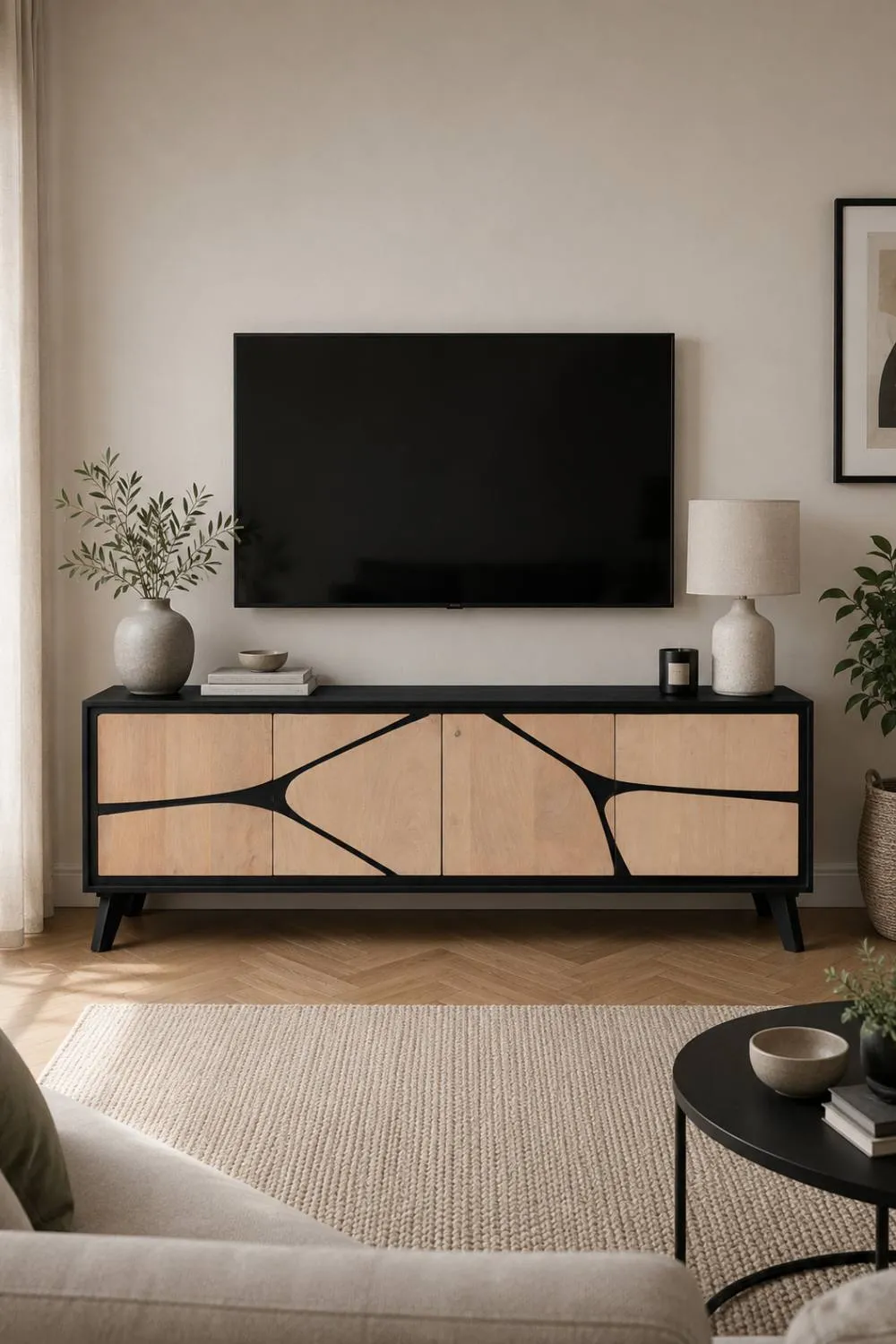 IH Design Shildon Mango Wood Low Board TV Stand Sideboard Cabinet in Tan