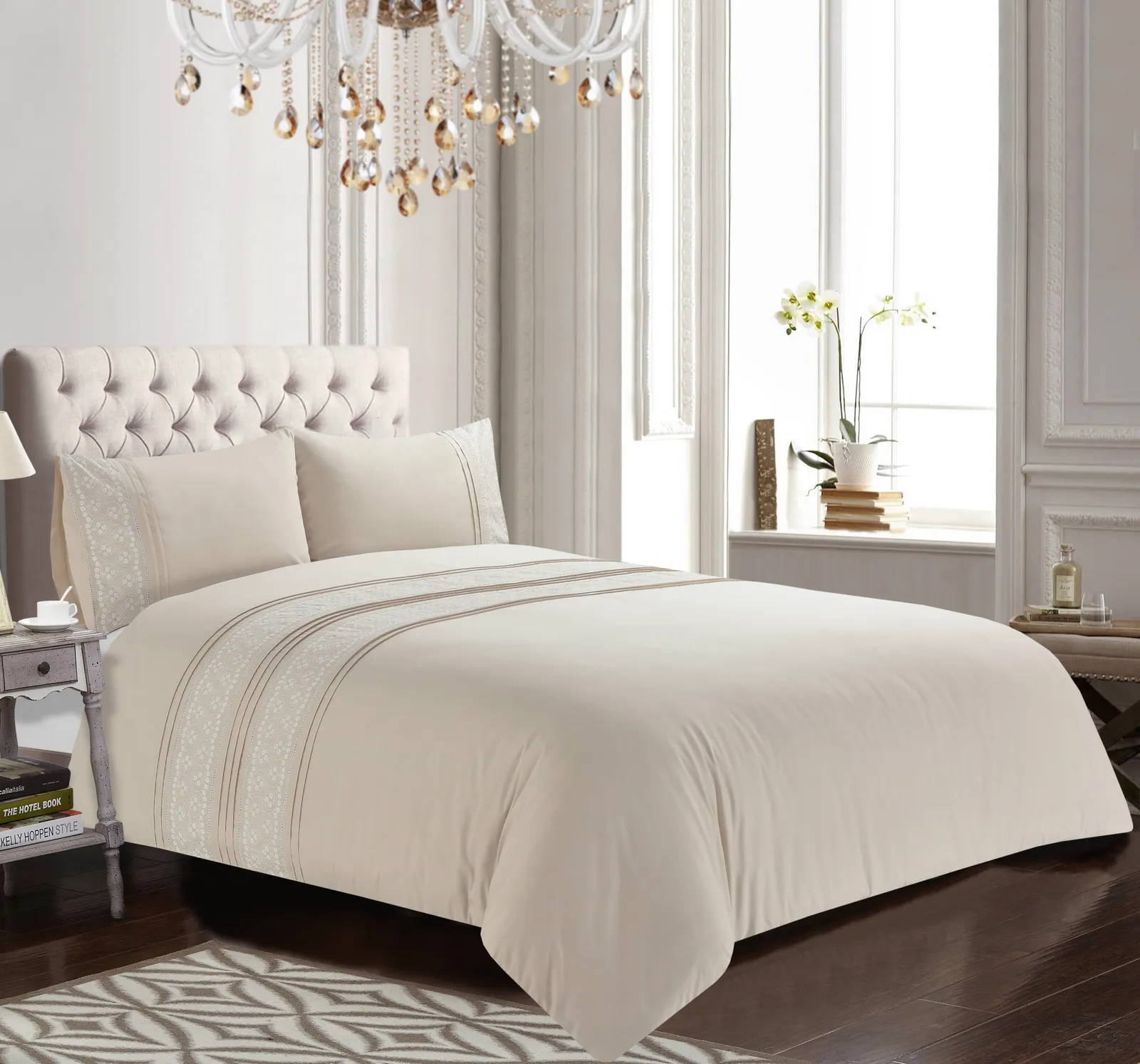 Rapport Home Charlotte Embroidered Polyester Floral Duvet Cover Set with Pillowcase in Natural