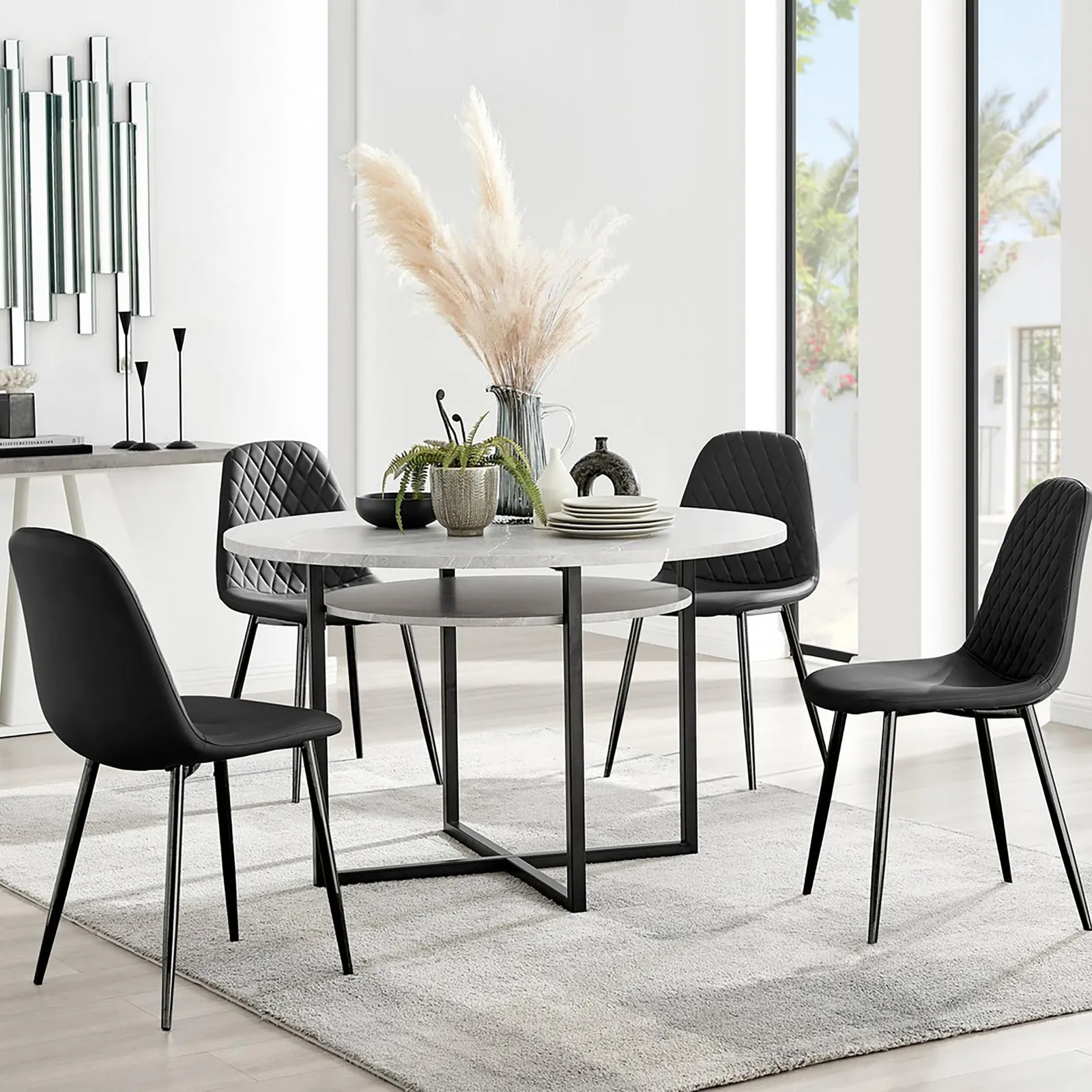 FurnitureboxUK Adley Grey Concrete Effect & Black Round Dining Table with Shelf & 4 Faux Leather Corona Dining Chairs 1