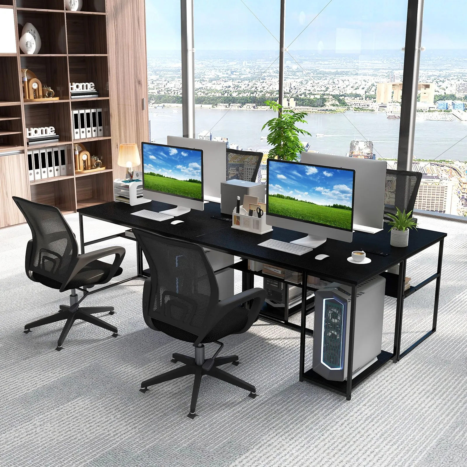 Costway 120CM Computer Desk with Power Outlet & Shelf Home Office Studying Table in Black 6