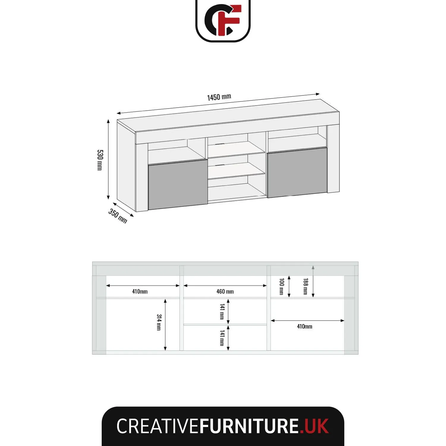 Creative Furniture Pulse TV Unit 145cm - A Stylish & Practical Cabinet with Gloss Doors & LED Lights in Grey 3