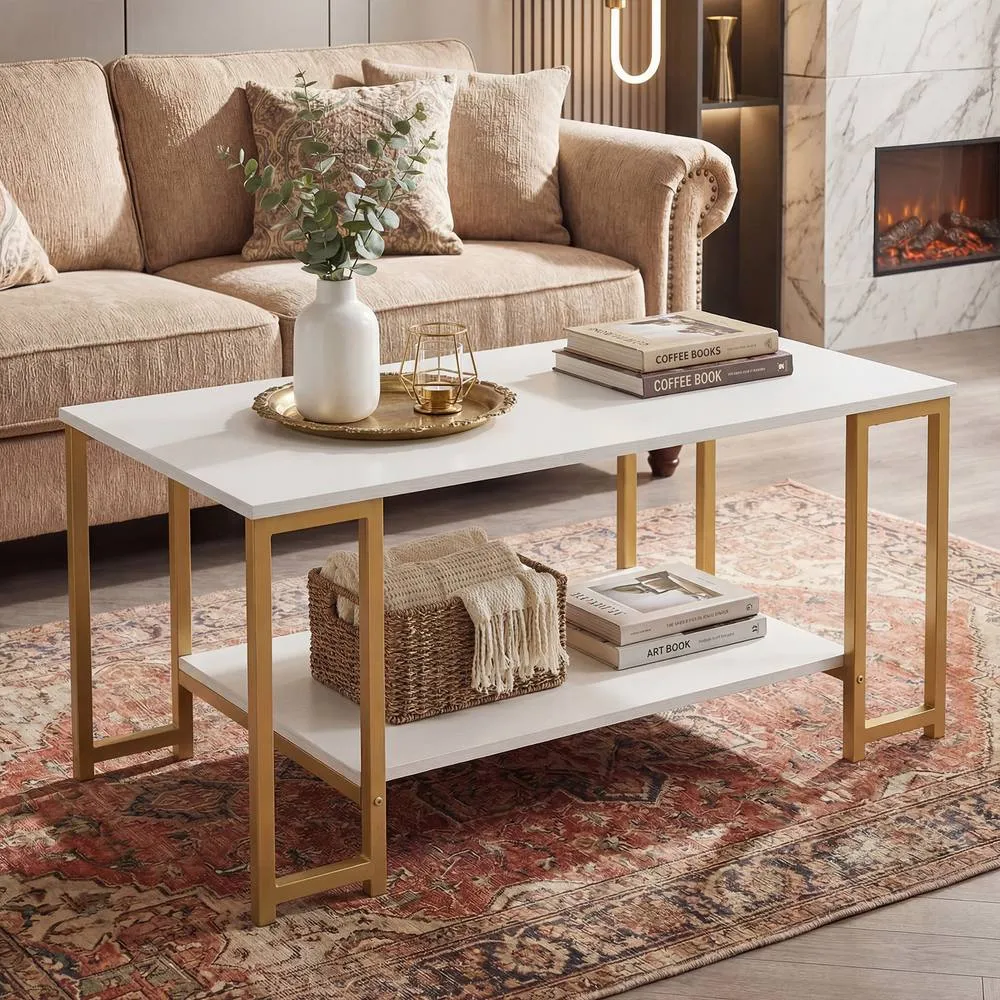 Costway 2-Tier Coffee Table Rectangular Cocktail Table Center Table w/ Shelf in White