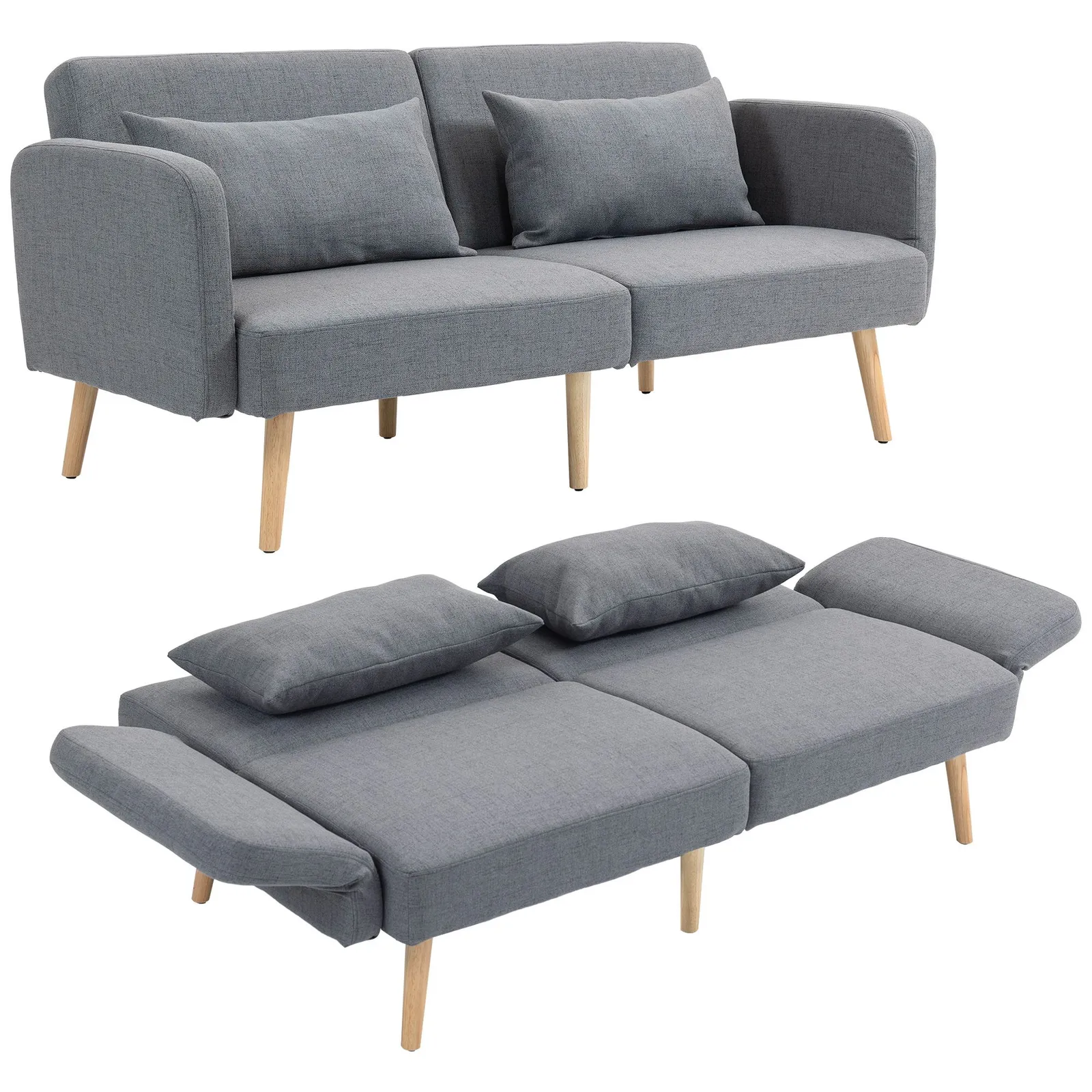 HOMCOM Convertible Sofa Bed, Fabric Sofa Couch with 2 Cushions for Living Room in Grey 2