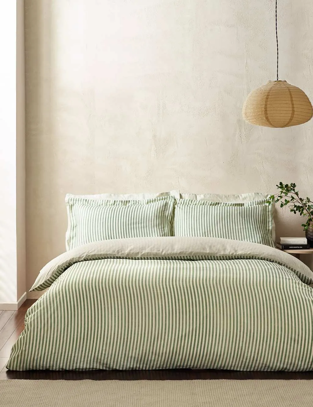 YARD Hebden Striped Cotton Reversible Bedding Set Dark Green Mix