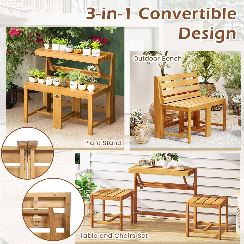 Costway 3-in-1 Convertible Bench Acacia Wood Outdoor Dining Table in Brown 3