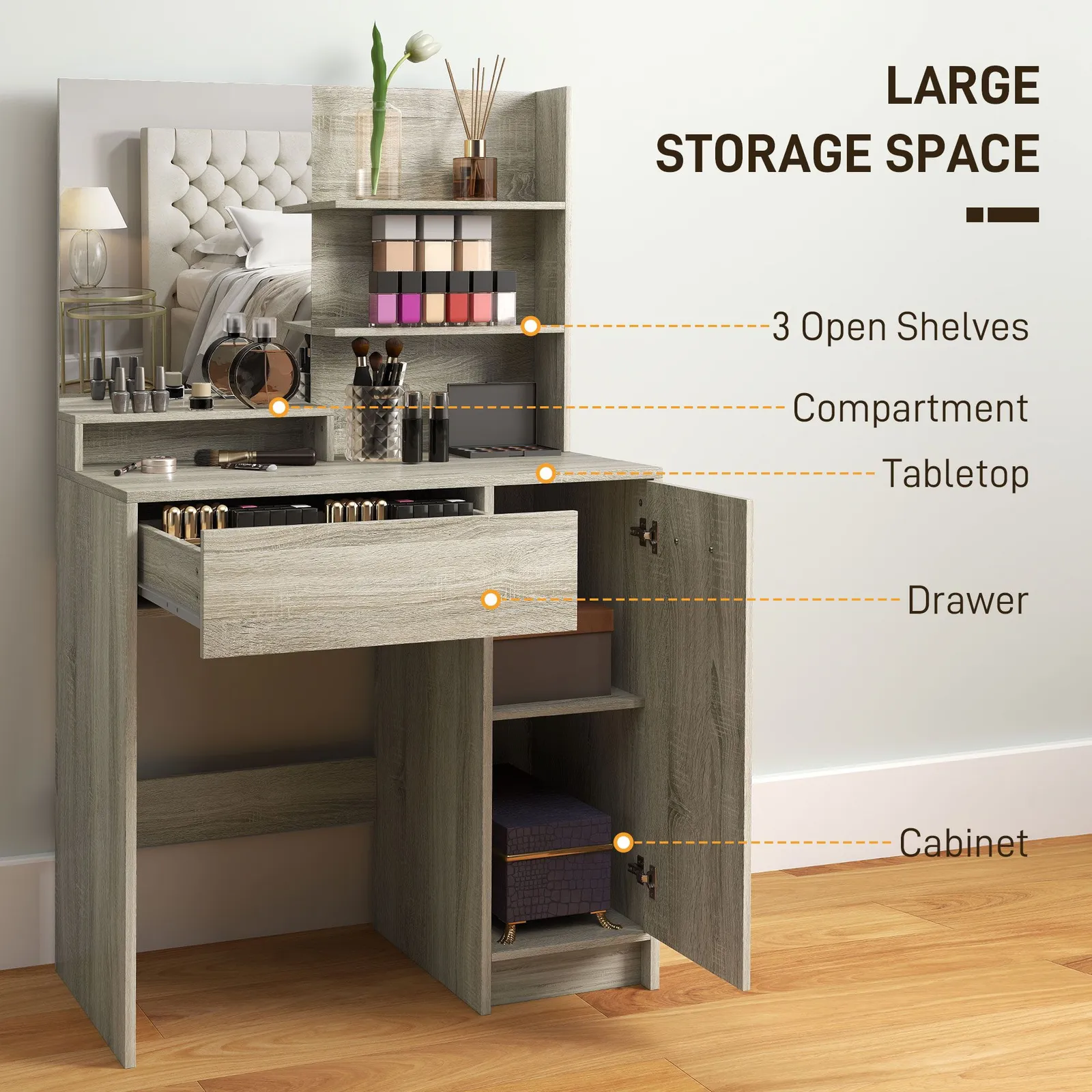 HOMCOM Dressing Table with Mirror & Stool, Makeup Desk for Bedroom in Natural 4