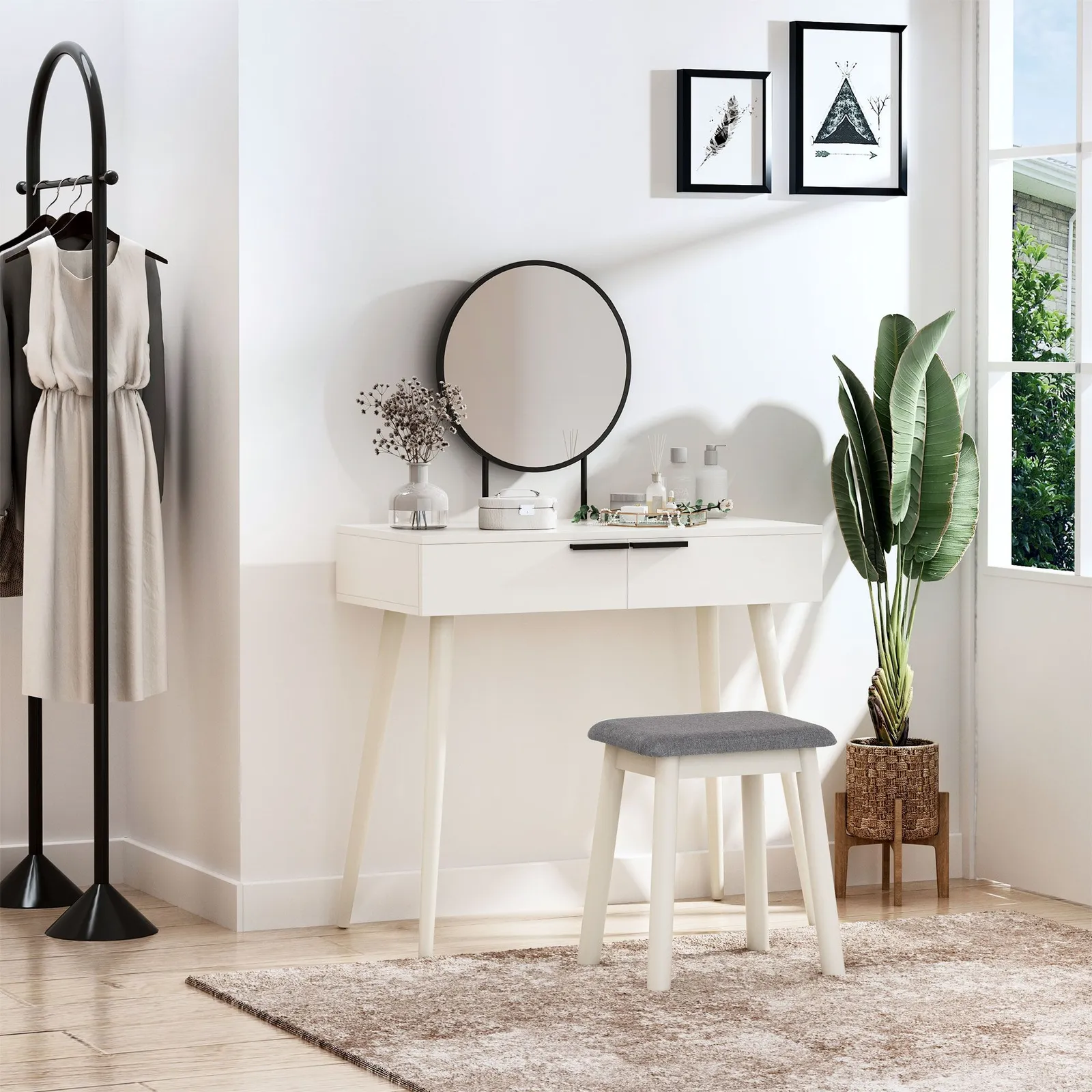 HOMCOM Vanity Table Set Dressing Desk Cushioned Stool Drawer Makeup Table in White 4
