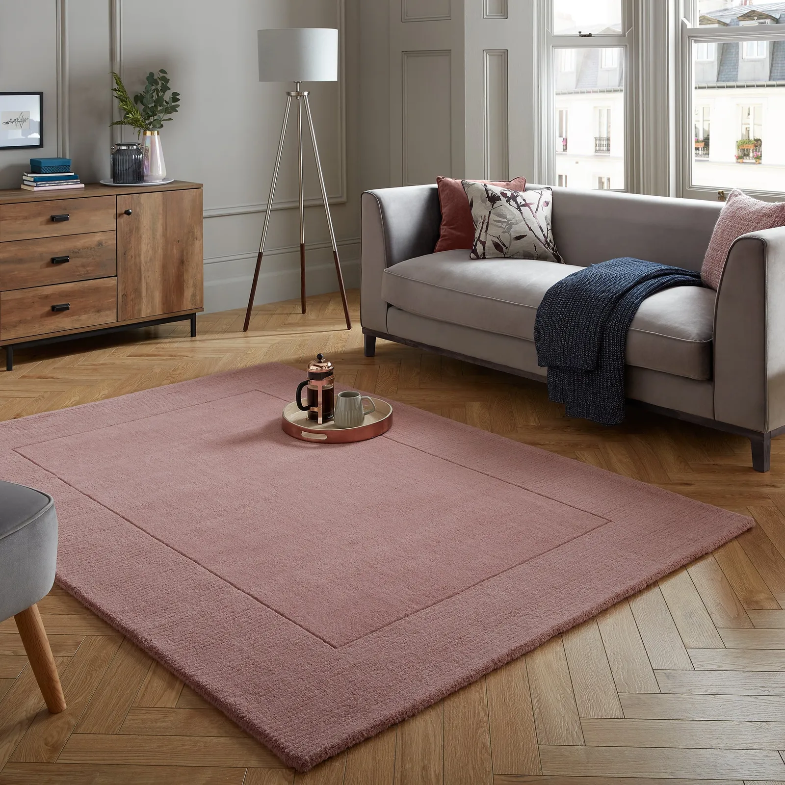 Boston Wool Border Rug Pink