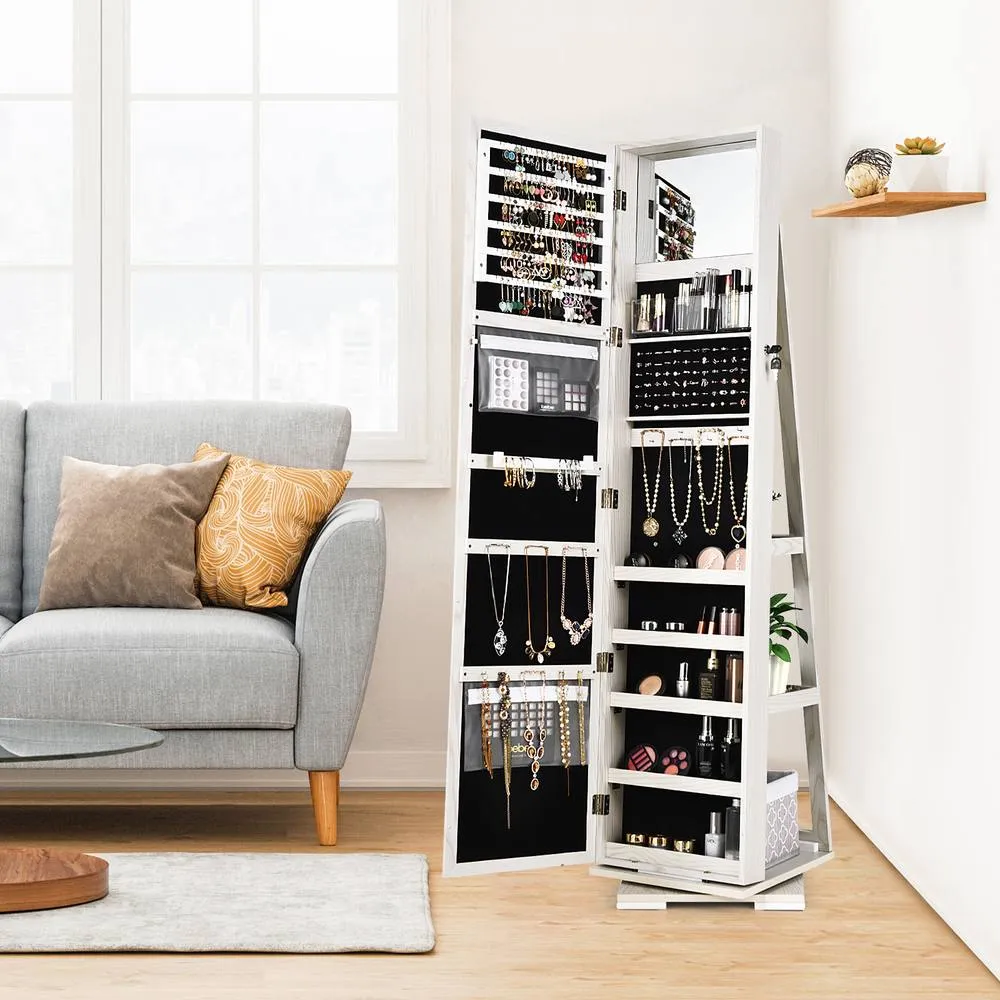 Costway 360 Rotating MirroredJewelry Cabinet Free Standing Jewelry Armoire in White 3