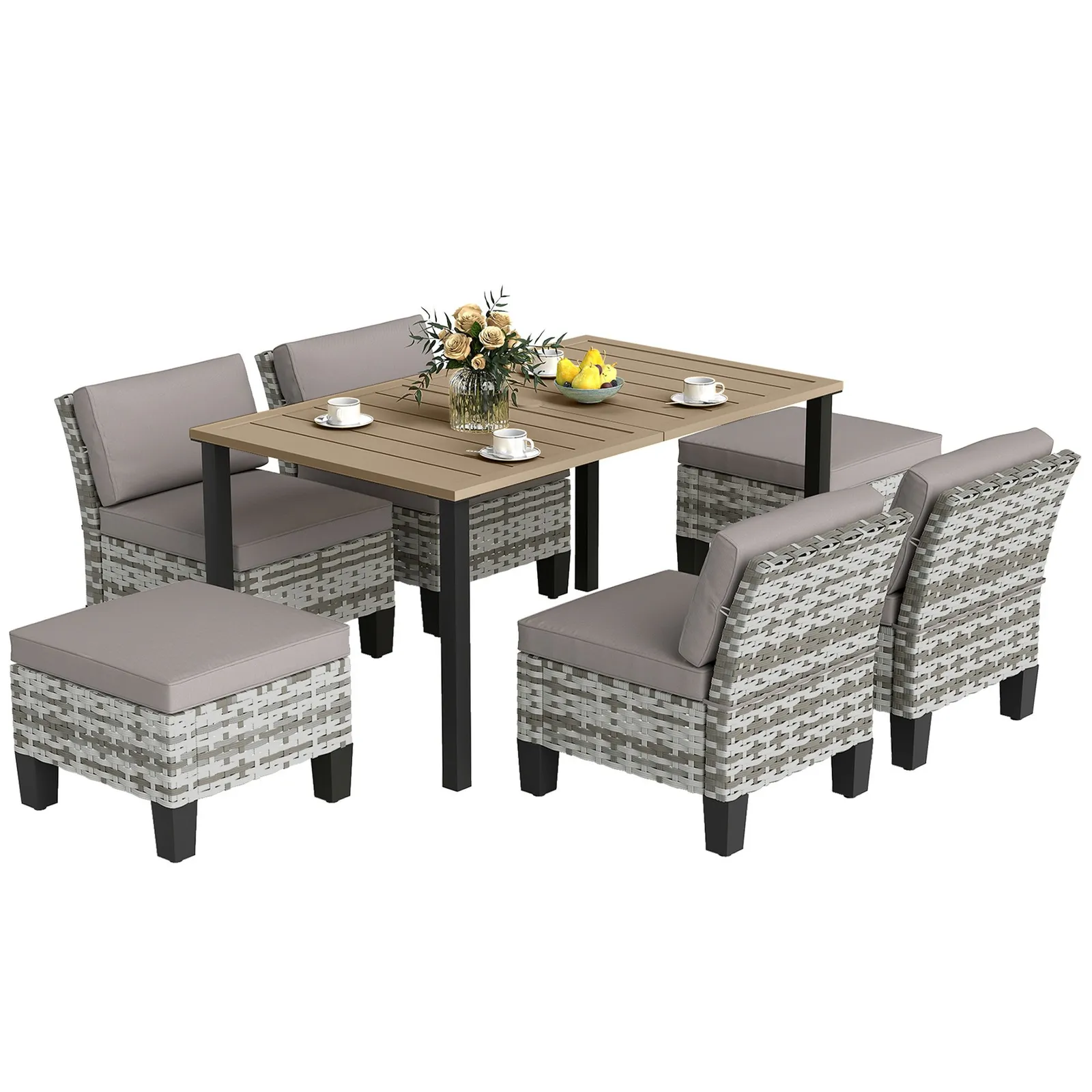 OUTSUNNY 7 PCS Rattan Garden Dining Set with Cushions, Umbrella Hole, Grey 2