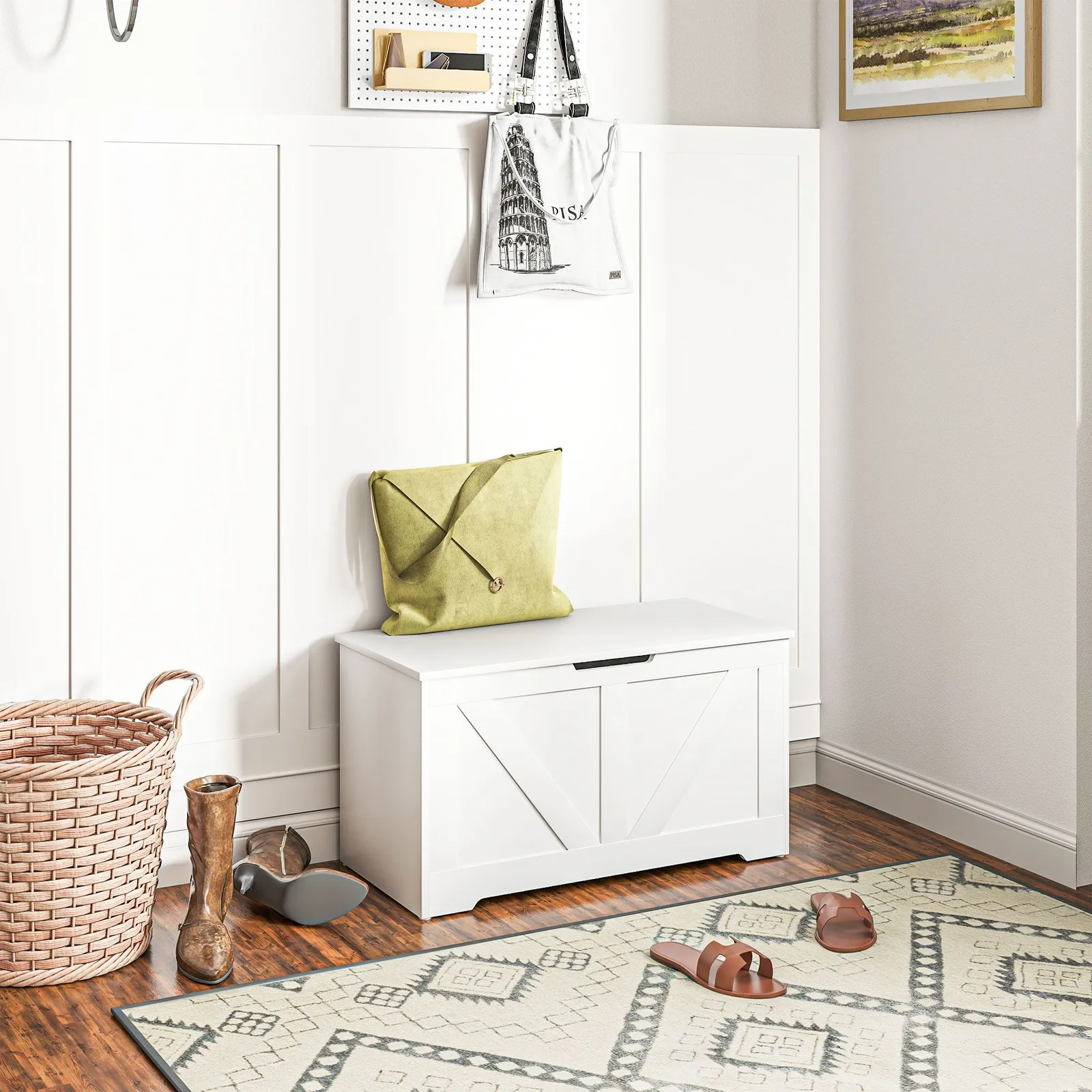 HOMCOM Storage Trunk for Living Room, with Safety Hinges, 80cm in White