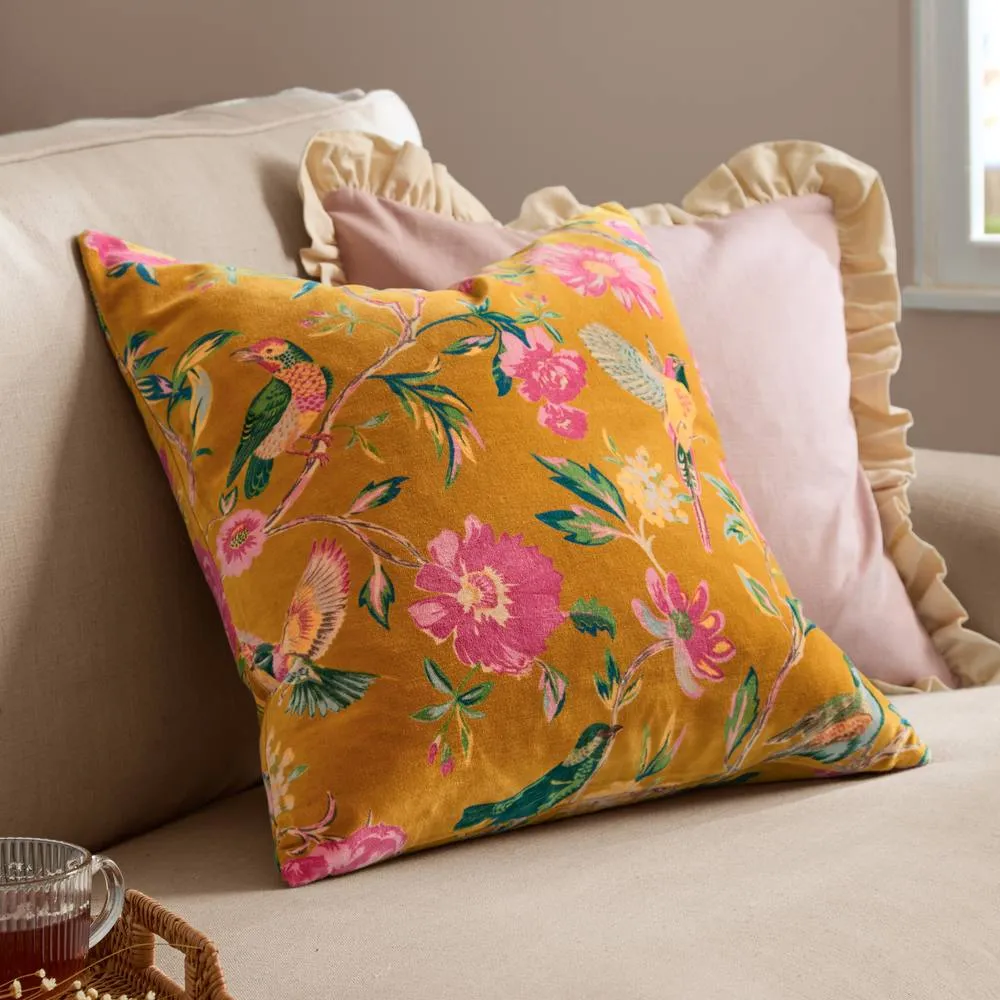Wylder Aviary 100% Cotton Velvet Cushion in Burnt Orange 1