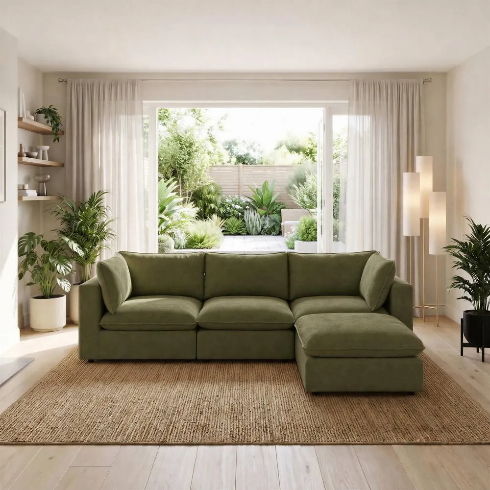 FurnitureboxUK Echo Linen-Look Fabric 3 Seater Modular Chaise Sofa in Green 2