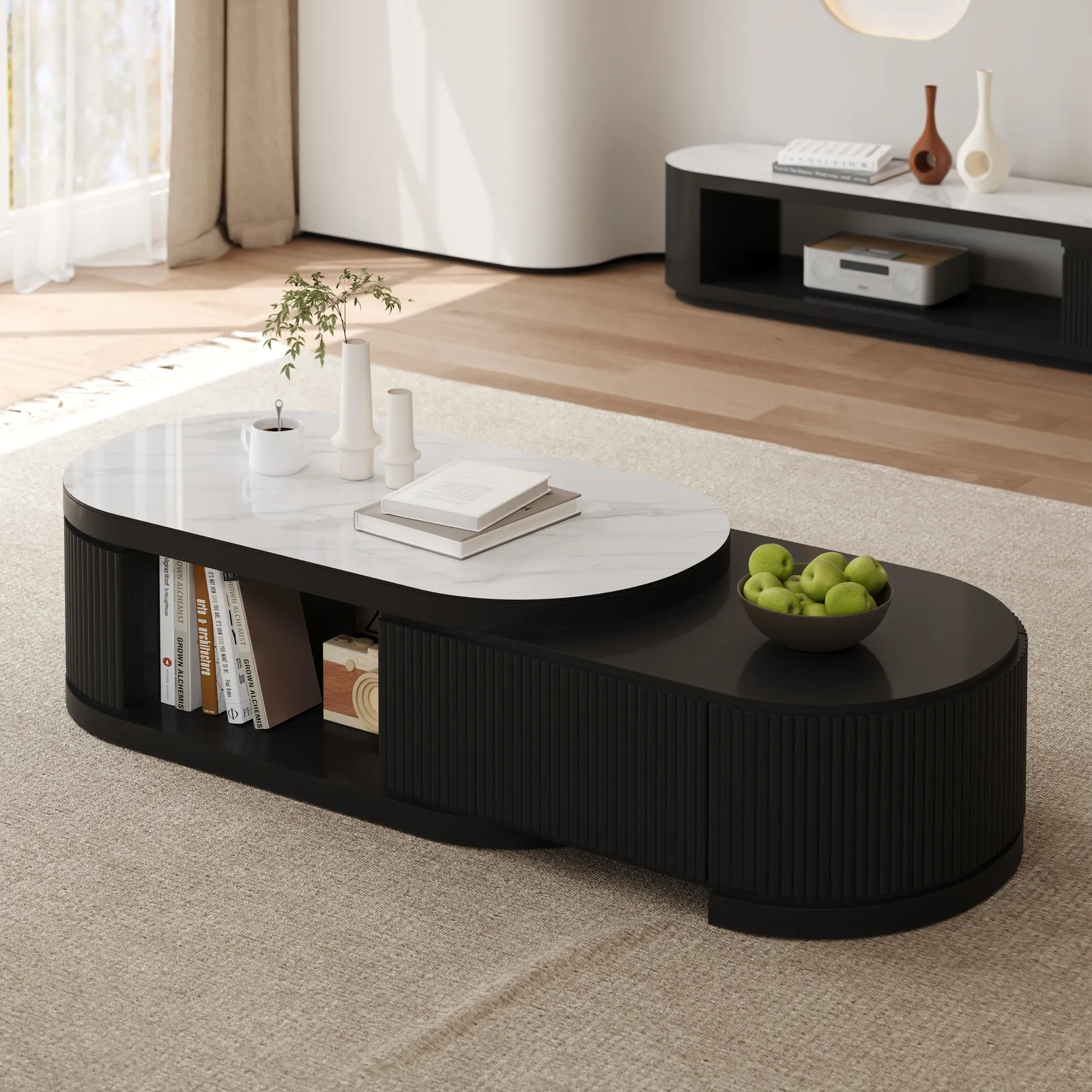 Sintered Stone Round Coffee Table Modern Black Living Room Furniture with Storage