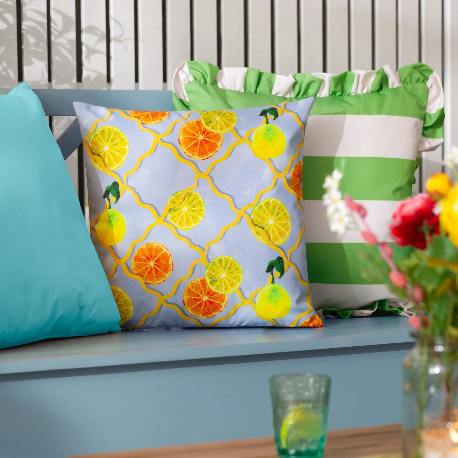 Wylder Citrus Trellis Printed Outdoor Cushion in Blue 6