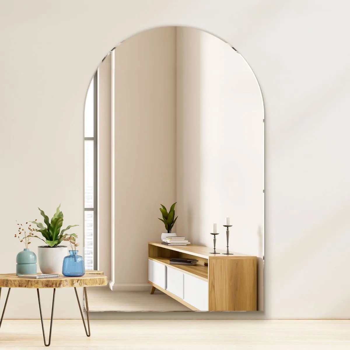MirrorOutlet Frameless Arched Leaner / Wall Mirror 74" X 47" (190CM X 120CM) in Silver 3