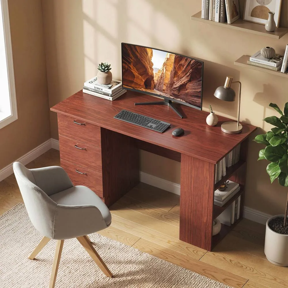 HOMCOM 120cm PC Table Workstation Computer Desk w/ Drawers, 3 Shelves Walnut in Dark Brown