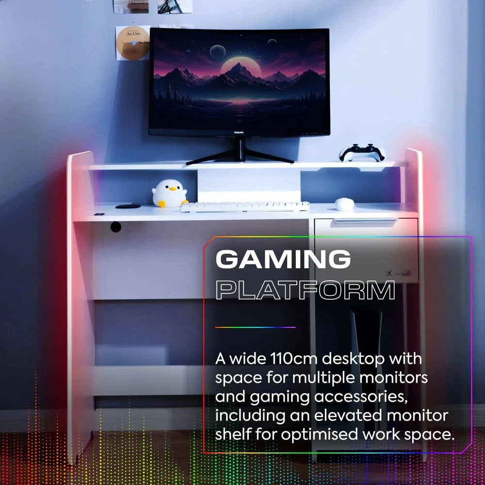 X Rocker Electra 110cm LED Gaming Desk with Wireless Charging & Drawer in White 5
