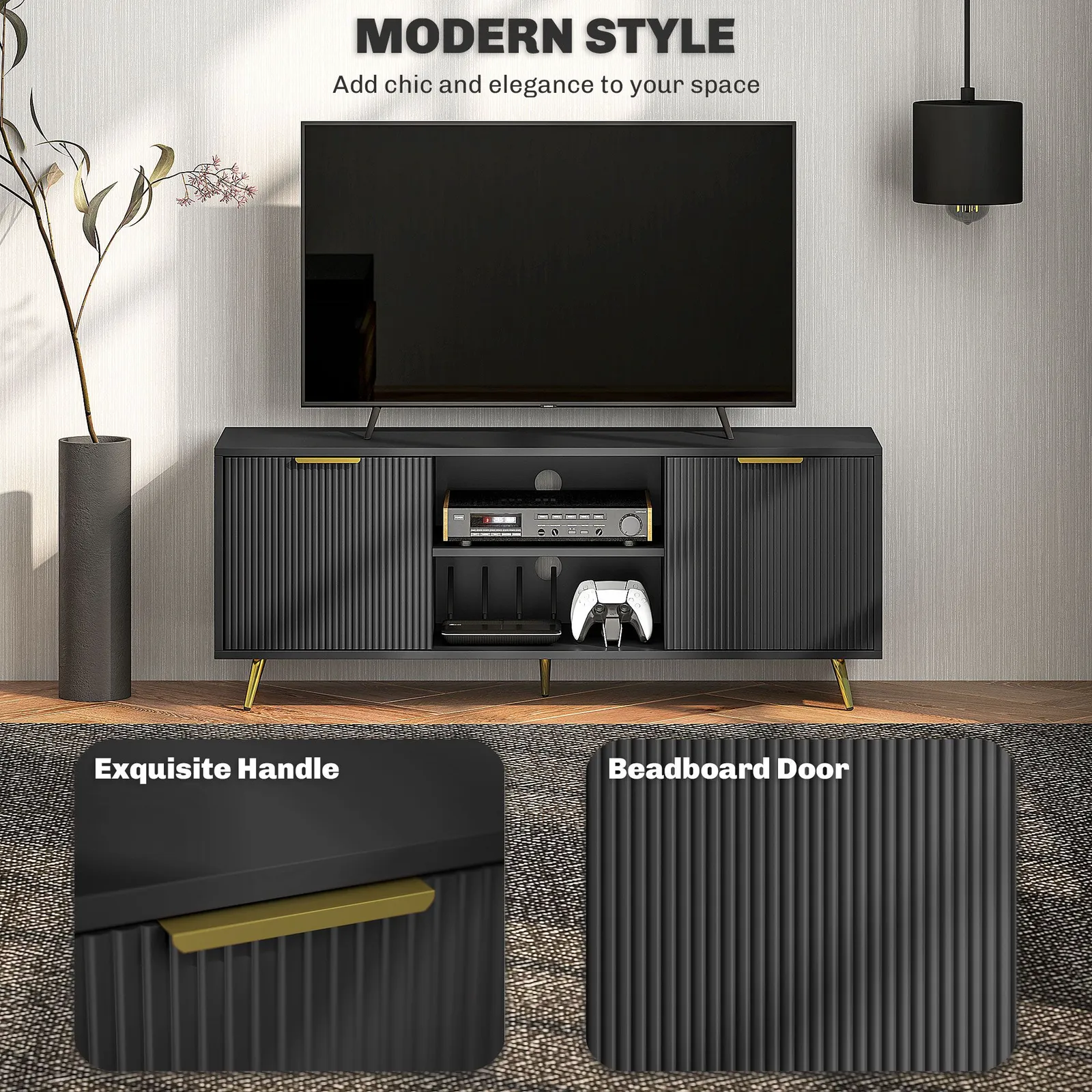 HOMCOM Modern TV Stand Cabinet with Storage for Living Room, Black 4