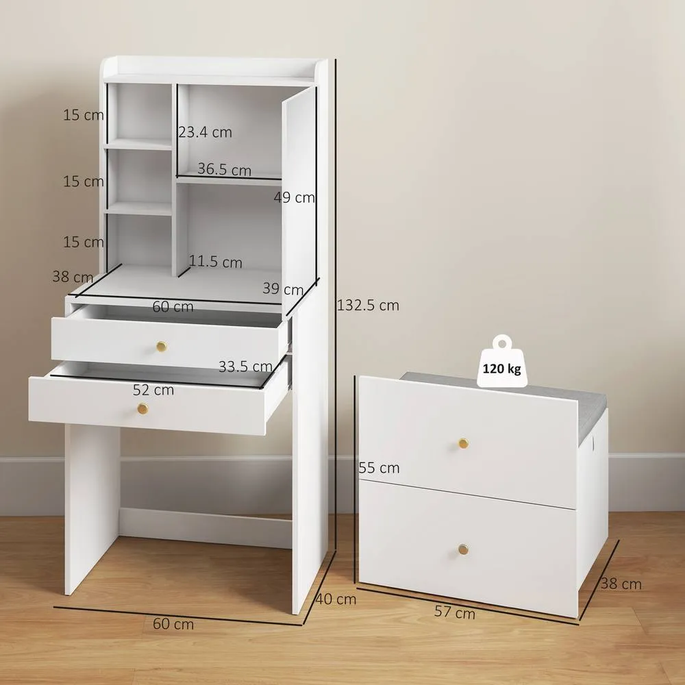 HOMCOM Dressing Table with Mirror & Stool, Makeup Desk with Drawers, White 3