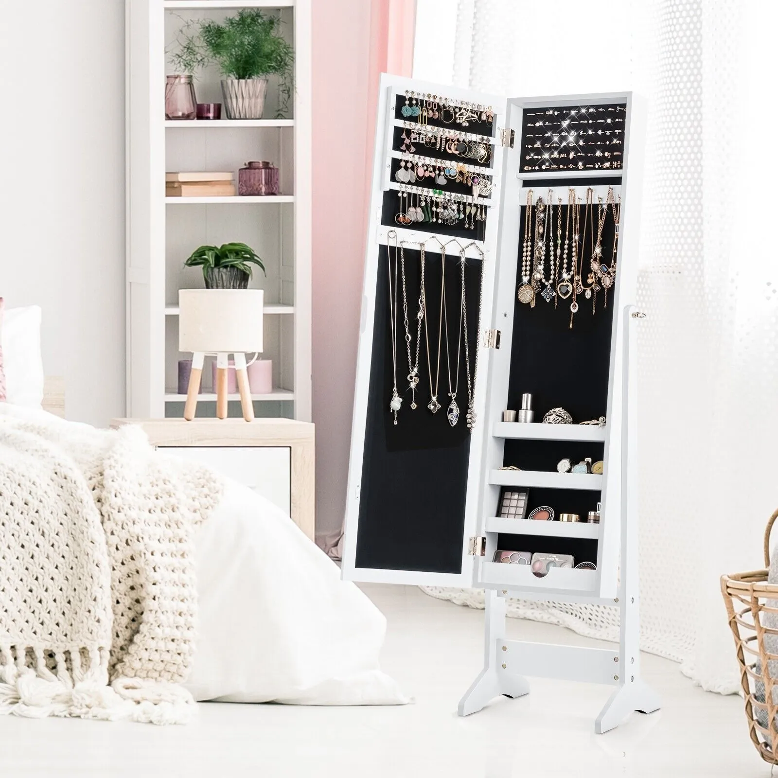 Costway Mirrored Jewelry Armoire Standing Jewelry Cabinet w/ Full-Length Mirror in White 4