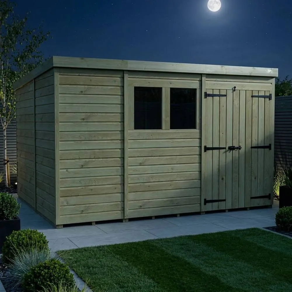 Buttercup Farm 11ft x 10ft Pent Garden Shed Double Door With Windows - Timber in Brown 3