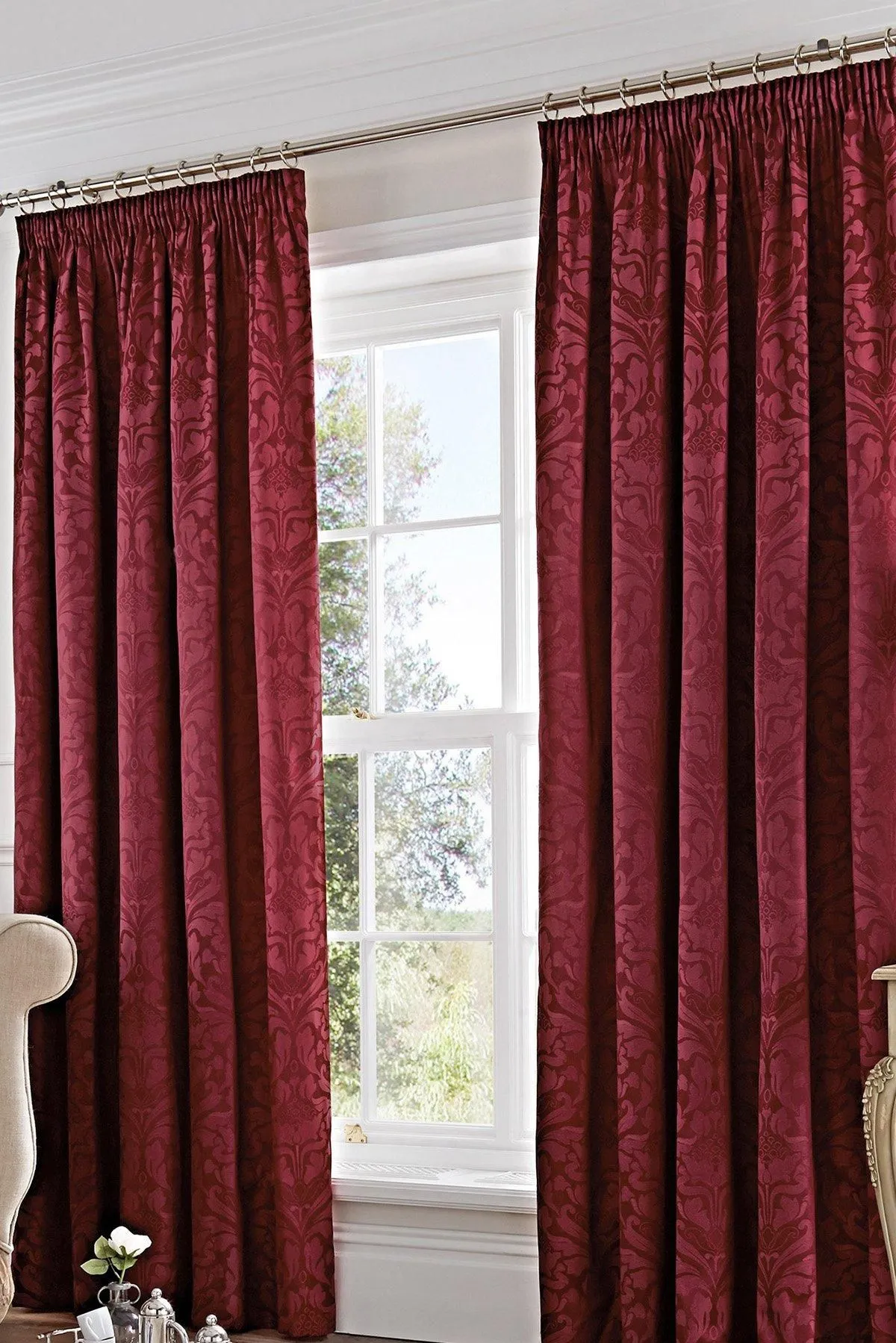 Dreams & Drapes 'Eastbourne' Damask Woven Jacquard Pair of Pencil Pleat Curtains in Burgundy