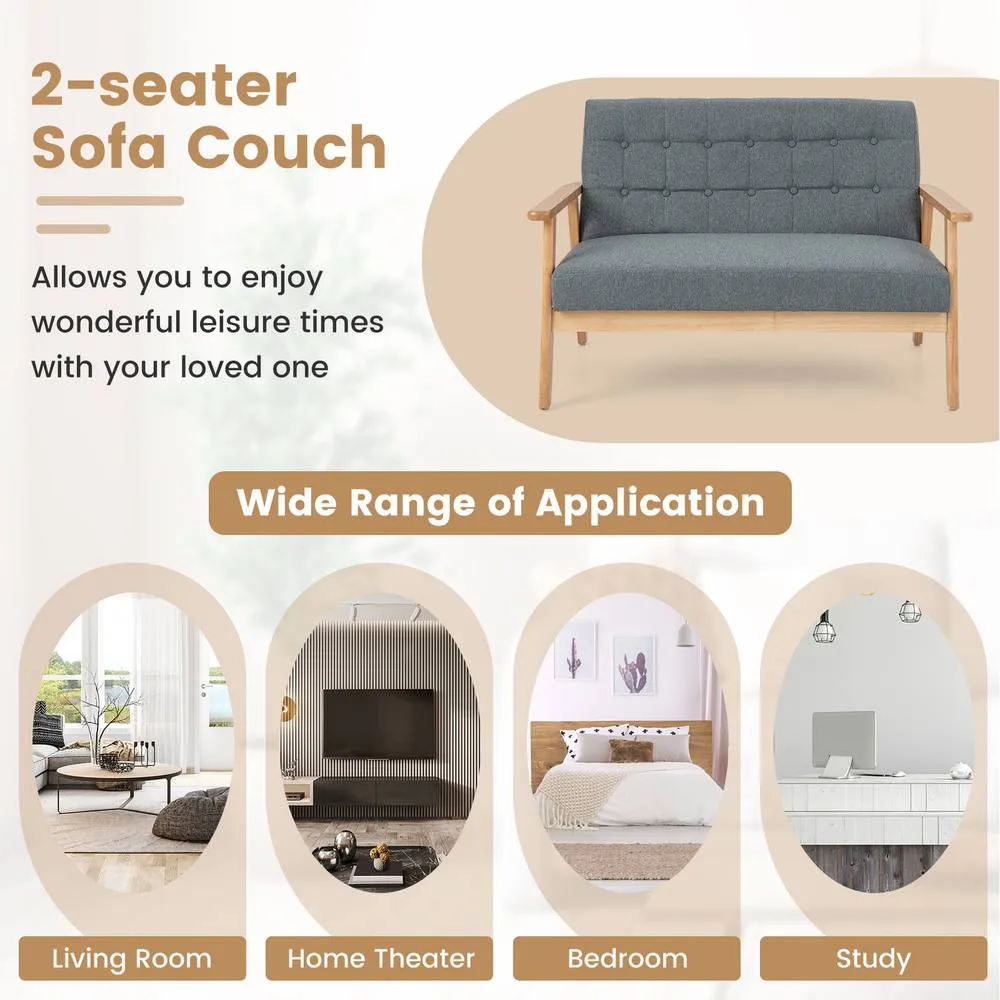 Costway Linen Loveseat Sofa 2-seat Cushioned Couch with Rubber Wood Frame-Grey in Grey 6