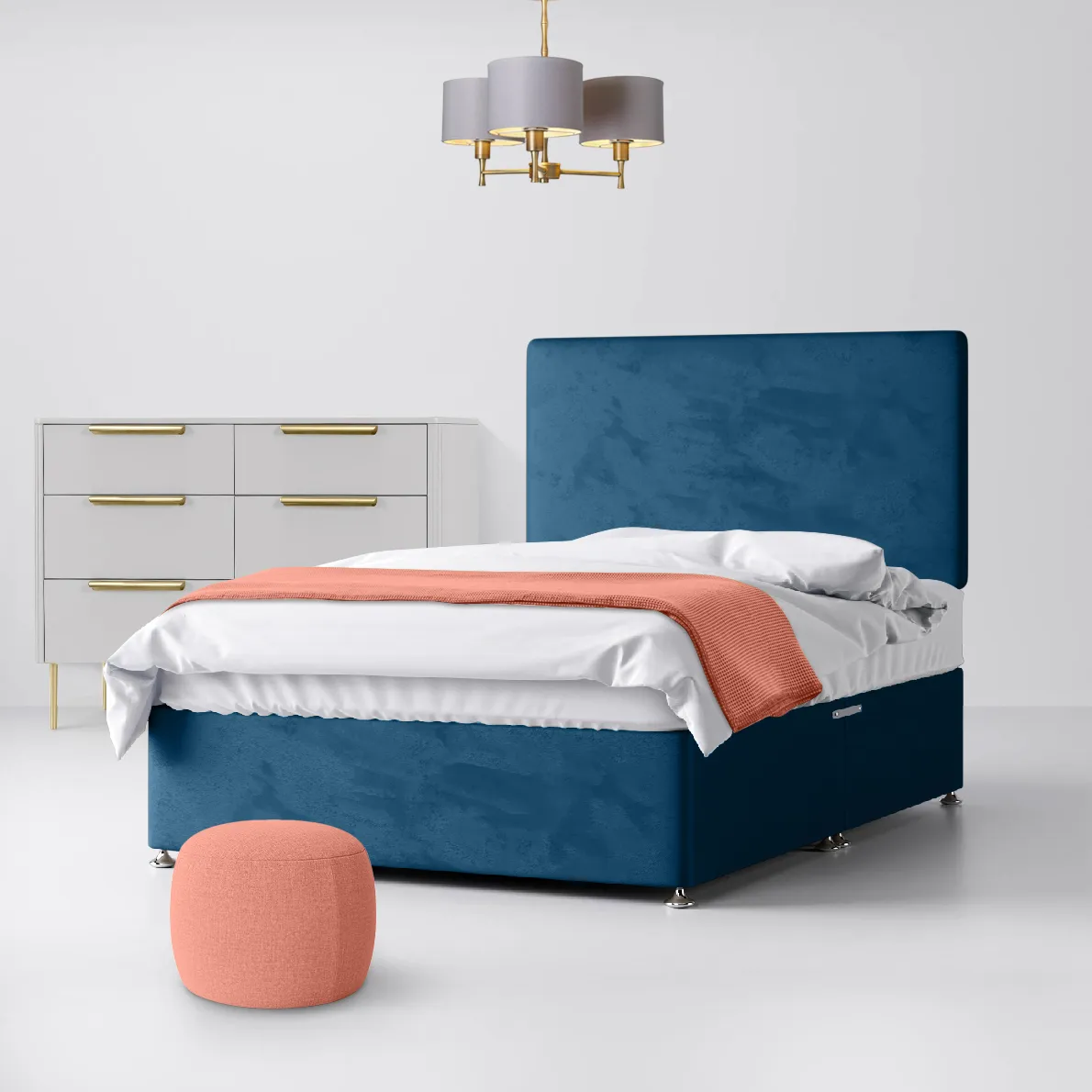 Cornell Plain Blue Marine Velvet Fabric No Drawer Divan Bed - 4ft Small Double