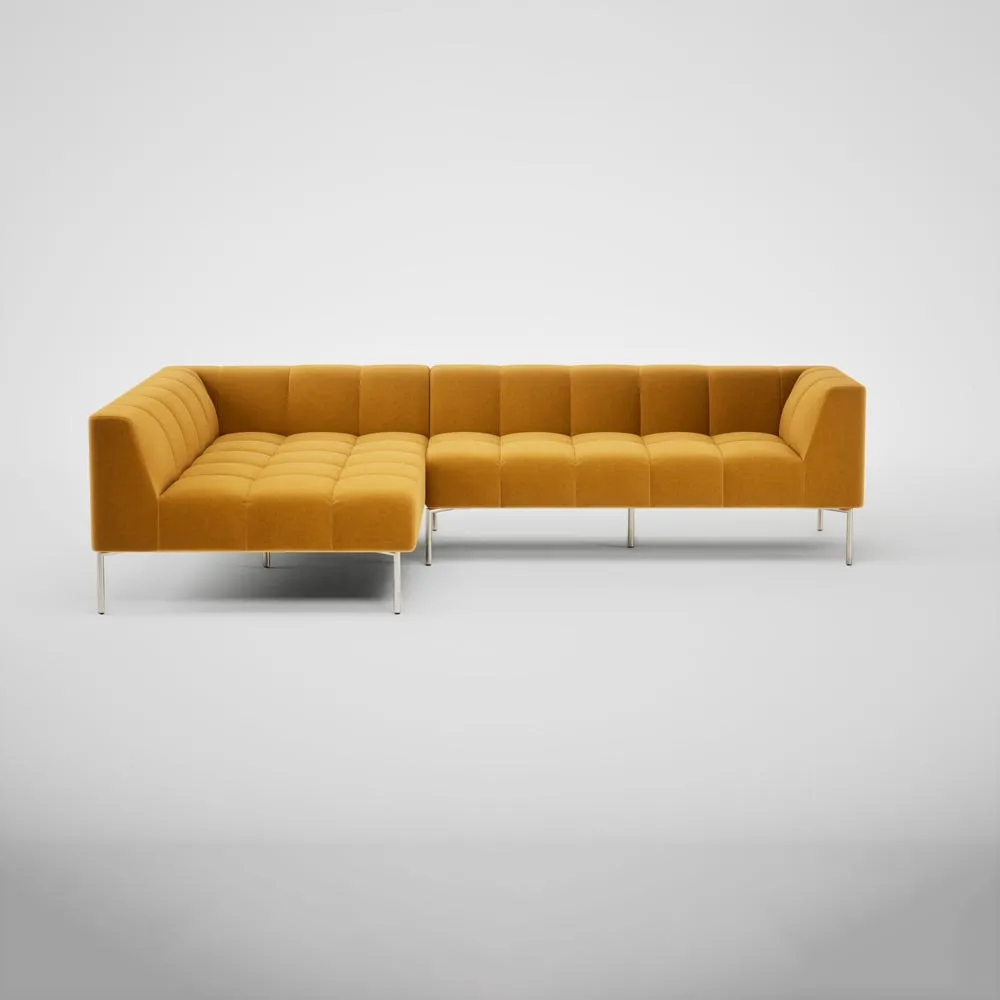 Heal's Quadro Left Hand Facing Chaise Sofa Nobilis Velvet Mustard Stainless Steel Feet