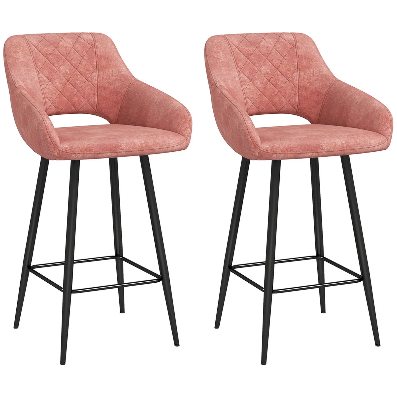 HOMCOM Stools Set of 2, Velvet-Touch Fabric Counter Height Bar Chairs in Pink 2