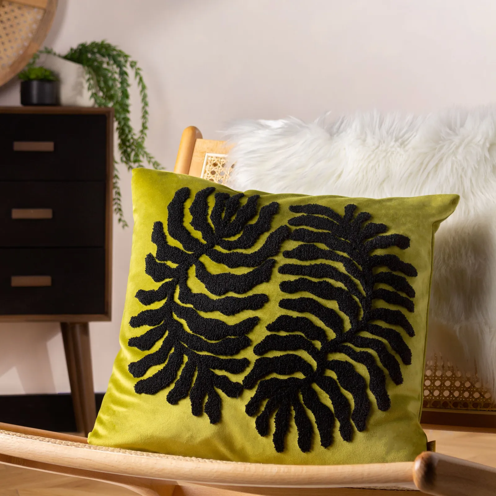 Furn Maldive Botanical Velvet Tufted Cushion in Green