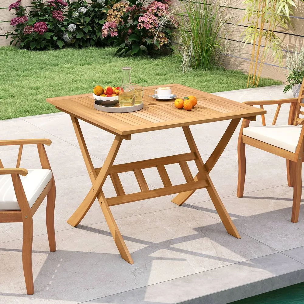 Costway Acacia Wood Folding Table 90CM Patio Dining Table w/Umbrella Hole in Natural