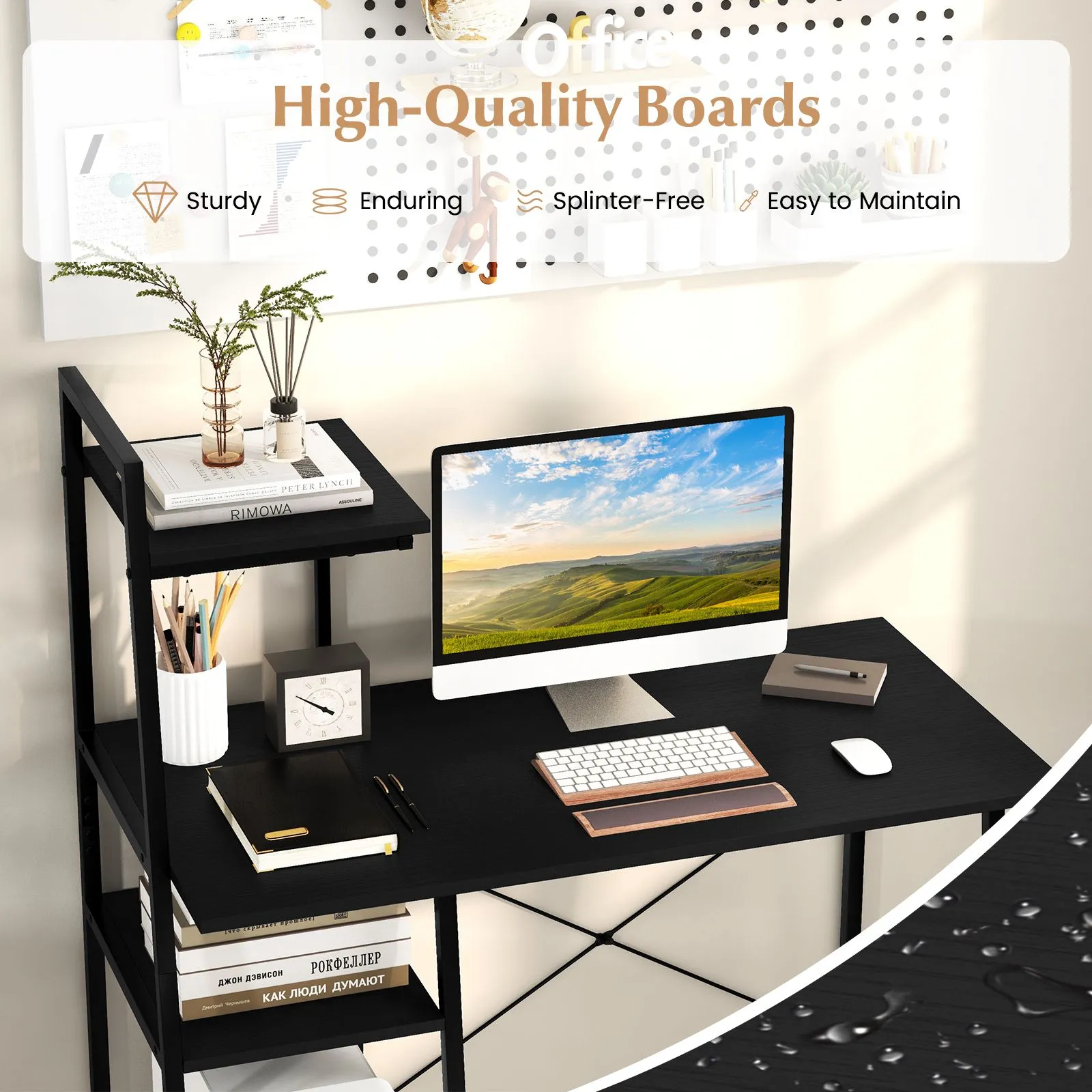 Costway Home Office Desk Computer Desk PC Laptop Table w/ Bookshelf & Host Stand in Black 6