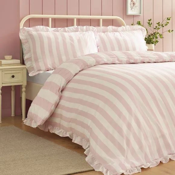 Catherine Lansfield Seersucker Frill Stripe Polycotton Duvet Cover & Pillowcase Set 3