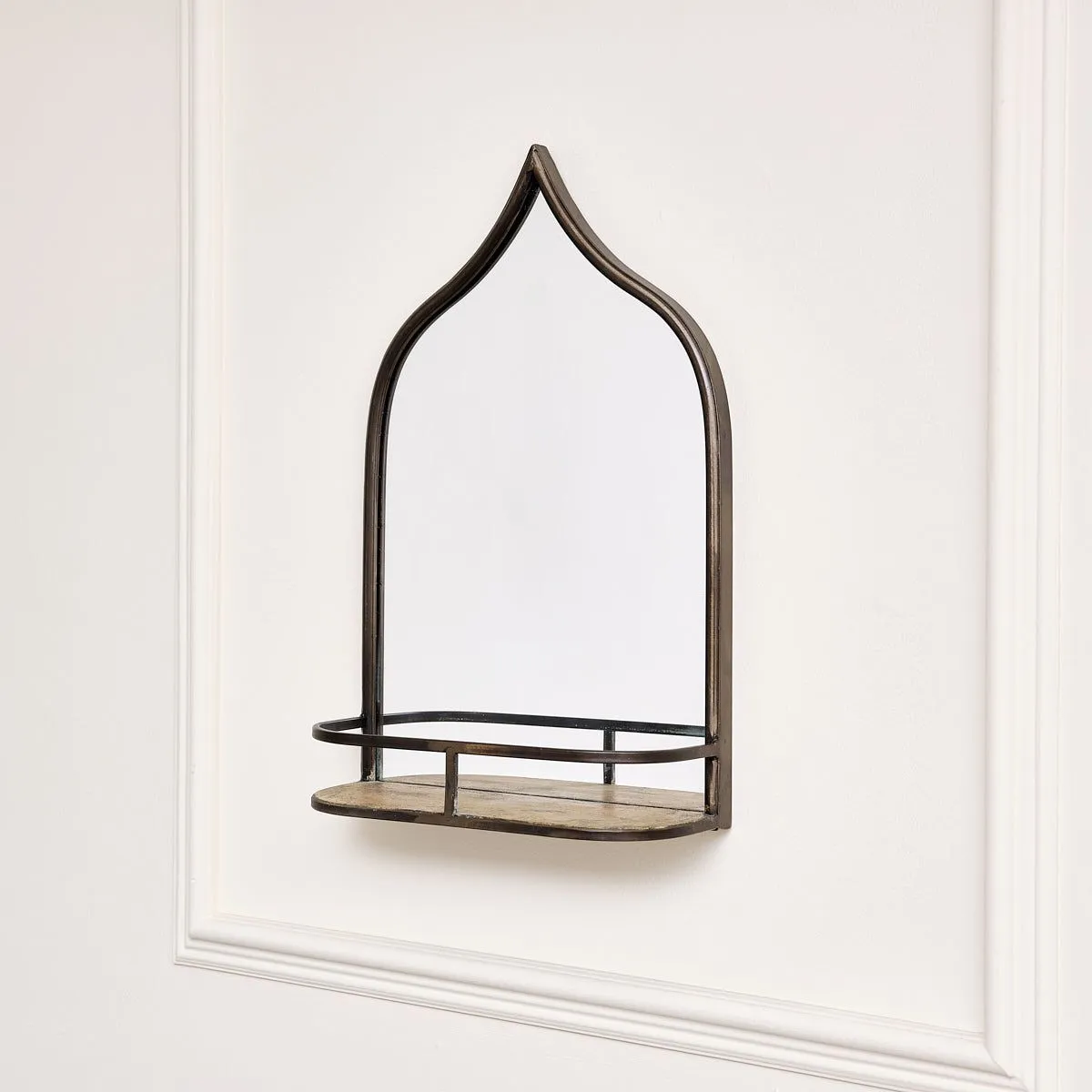 Melody Maison Rustic Metal Arched Mirror With Gold Shelf - 48cm X 30cm in Metallic Gold 2